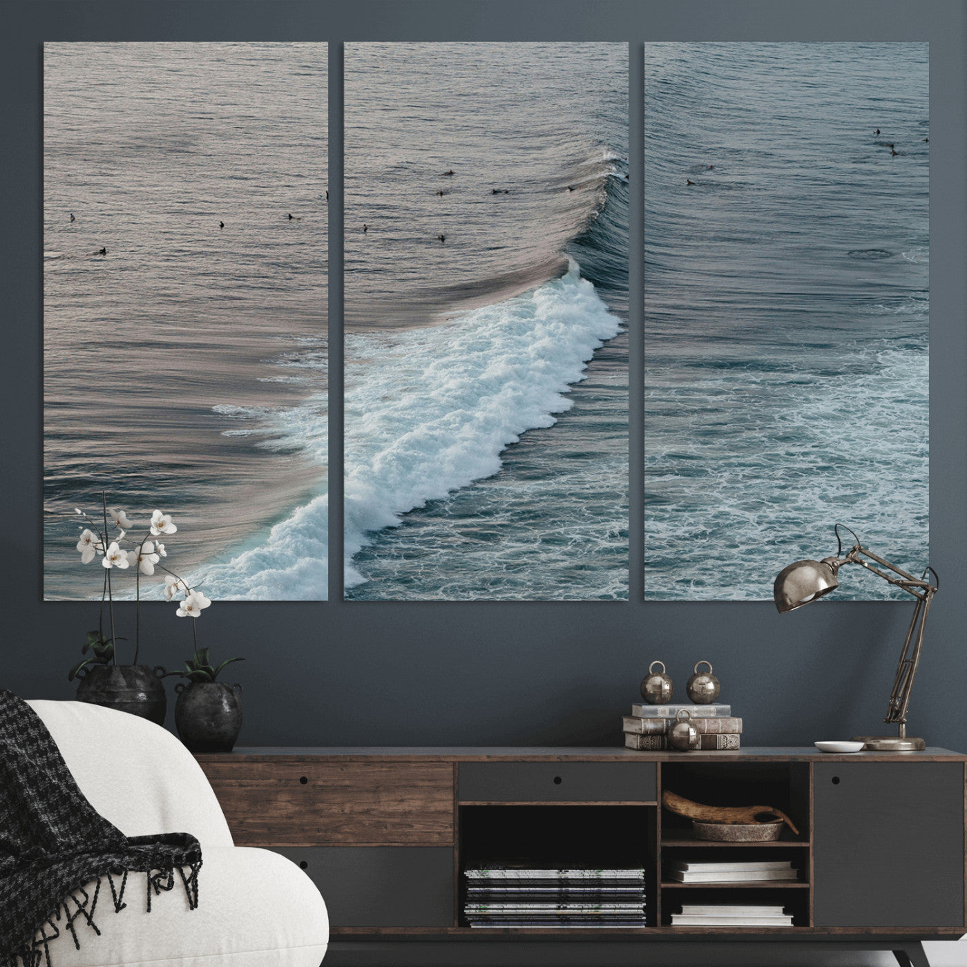 23077324-MGV-CV-48X32-3P-Ocean Waves Wall Art Canvas Print, Framed Coastal Serenity Art Picture Print, Surf Aesthetic Perfect Modern Coastal Decor Artwork