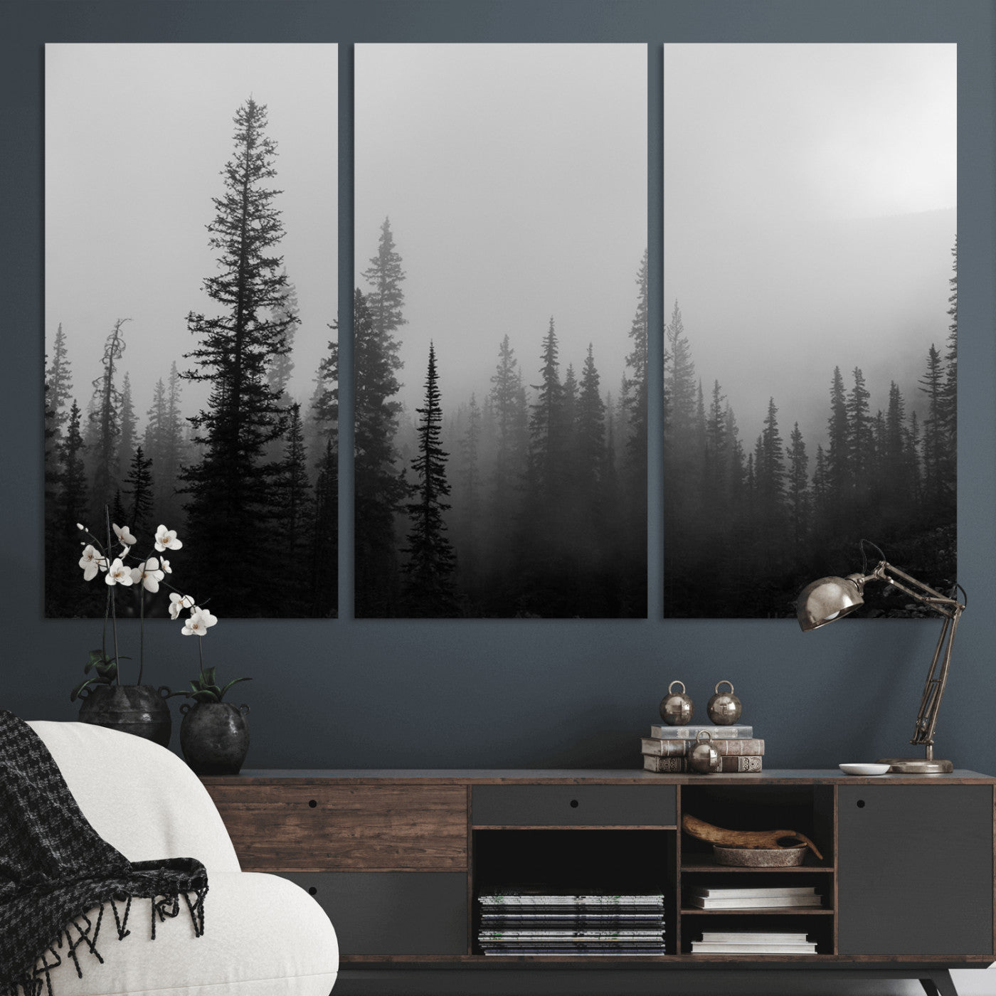 73138900-MGV-CV-48X32-3P-Misty Pines Wall Art Canvas Print, Framed Woodland Photography Art Picture Print, Minimalist Decor Perfect Modern Rustic Decor
