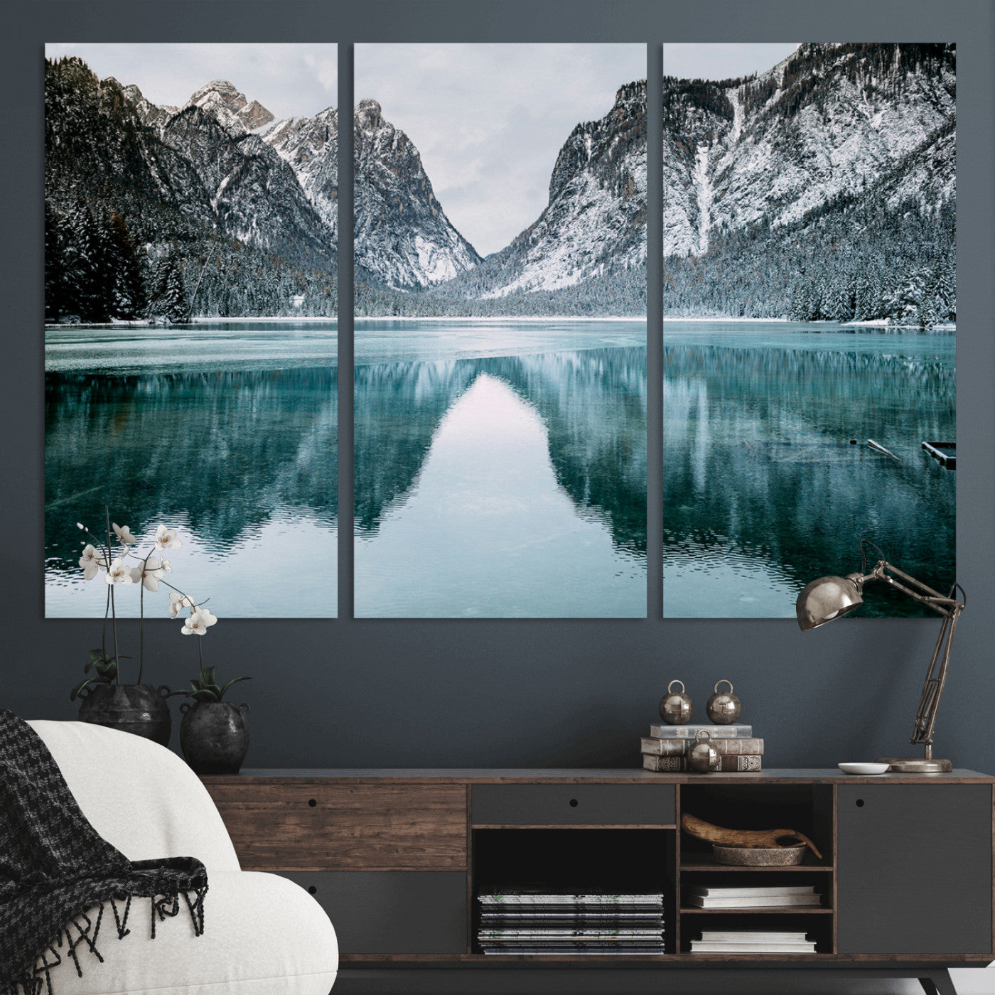 73098373-MGV-CV-48X32-3P-Mountain Lake Wall Art Canvas Print, Framed Winter Wonderland Art Picture Print, Snowy Peaks Perfect Modern Nature Decor Artwork
