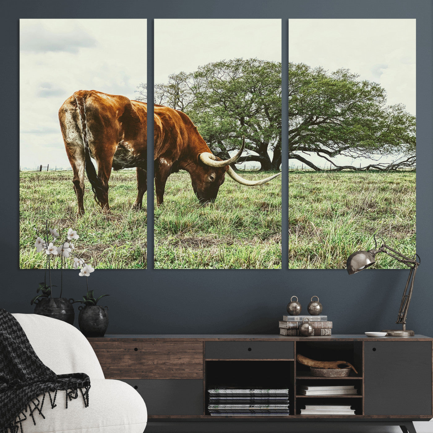 91866234-MGV-CV-36X24-Texas Longhorn Wall Art Canvas Print, Framed Rustic Ranch Art Picture Print, Western Cattle Perfect Rustic Farmhouse Decor Artwork