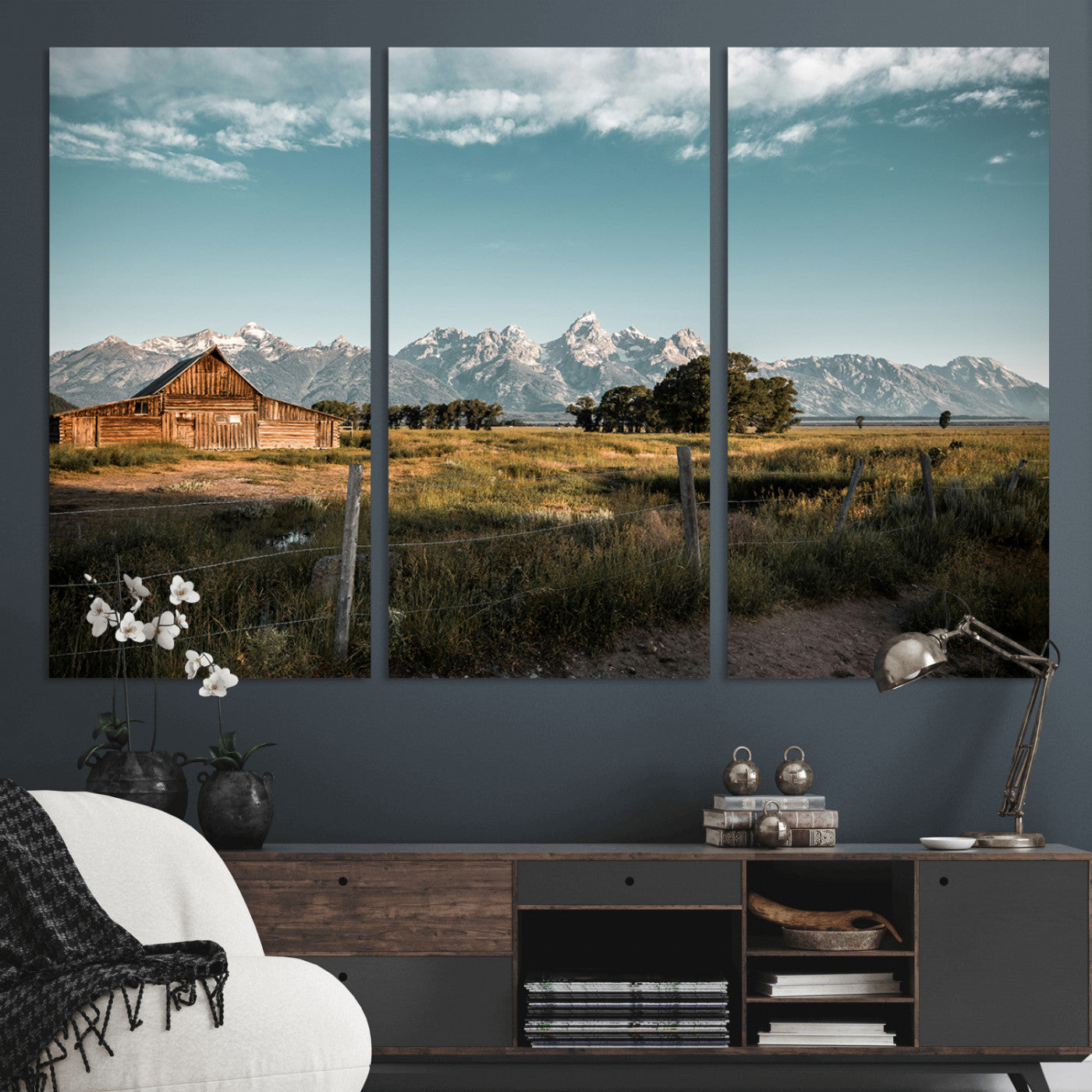 92497443-MGV-CV-48X32-3P-Rustic Farmhouse Wall Art Canvas Print, Framed Mountain Cabin Art Picture Print, Western Landscape Perfect Rustic Farmhouse Decor