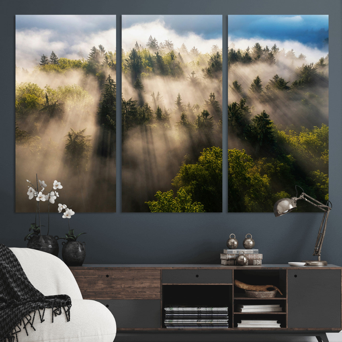 14785710-MGV-CV-36X24-Tranquil Forest Scene Wall Art Canvas Print, Framed Sunbeam Through Trees Art Picture Print, Moody Green Wall Art Perfect