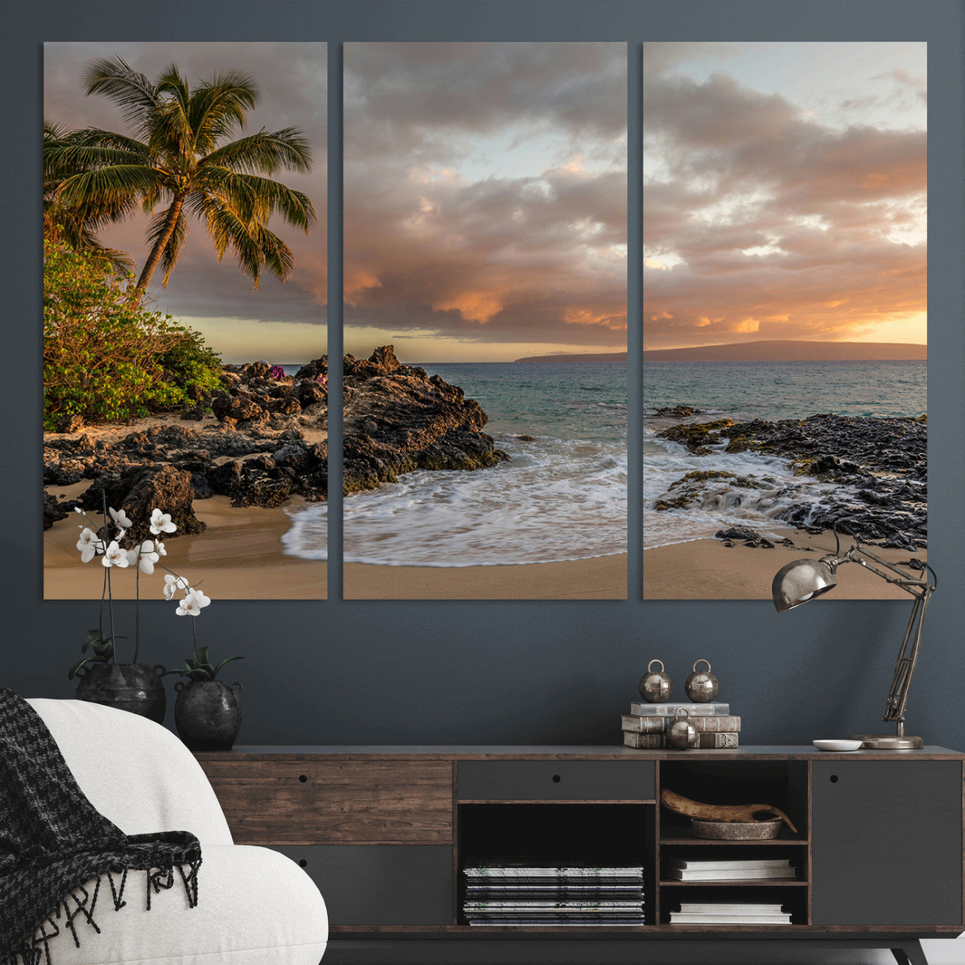 55108220-MGV-CV-48X32-3P-Tropical Beach Wall Art Canvas Print, Framed Hawaiian Sunset Art Picture Print, Ocean Waves Perfect Coastal Tropical Decor Artwork