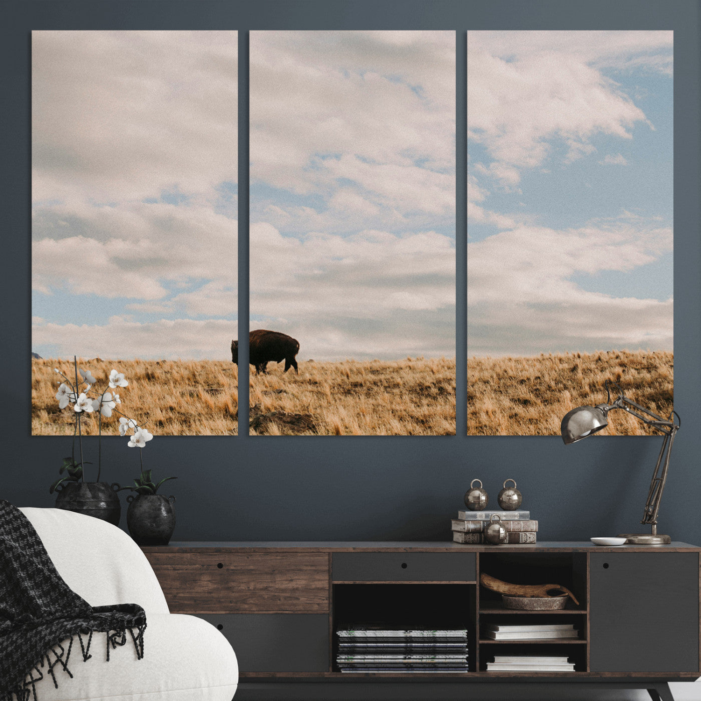 22754563-MGV-CV-36X24-Earthy Tones Wall Art Canvas Print, Framed Rustic Nature Art Picture Print, Solitary Buffalo Perfect Western Minimalist Decor