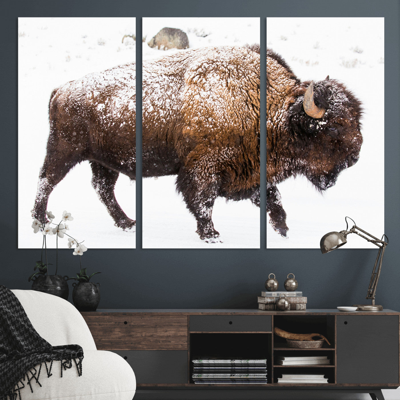 94261165-MGV-CV-36X24-Snowy Buffalo Wall Art Canvas Print, Framed Wildlife Photography Art Picture Print, Brown Tones Perfect Rustic Lodge Decor Decor