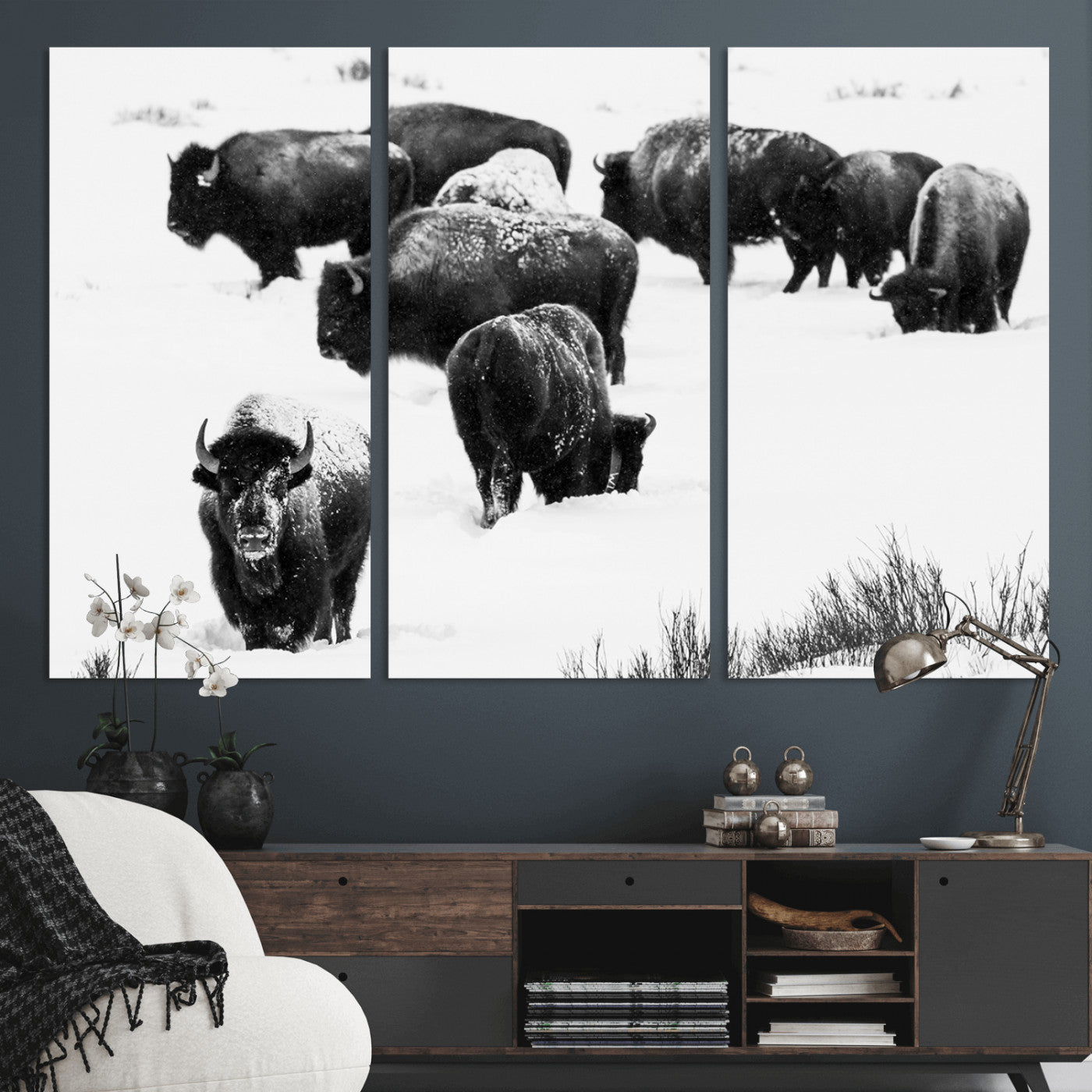 18914414-MGV-CV-48X32-3P-Buffalo Herd Wall Art Canvas Print, Framed Black and White Art Picture Print, Snowy Landscape Perfect Rustic Lodge Decor Decor