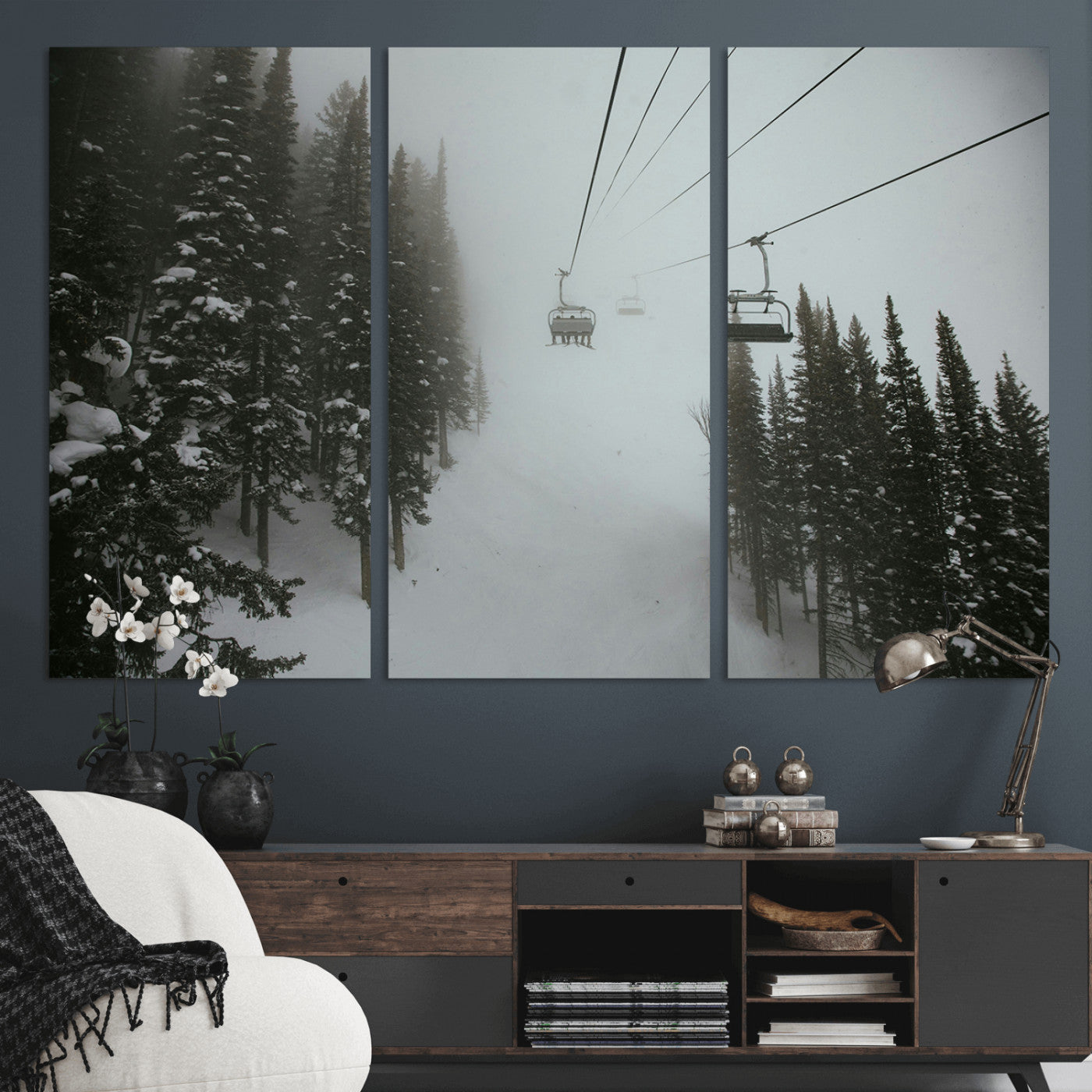 87018452-MGV-CV-48X32-3P-Ski Lift Wall Art Canvas Print, Framed Snowy Pines Art Picture Print, Misty Landscape Perfect Winter Serenity Decor Artwork