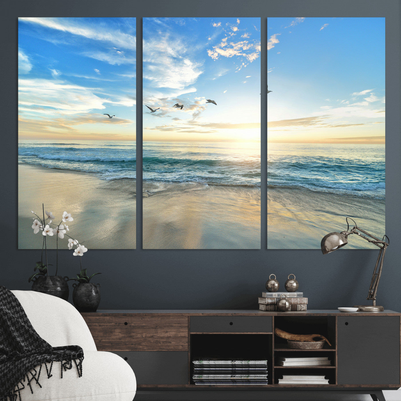 20708696-MGV-CV-48X32-3P-Minimalist Seaside Wall Art Canvas Print, Framed Morning Glow Art Picture Print, Golden Reflections Perfect Coastal Minimalist