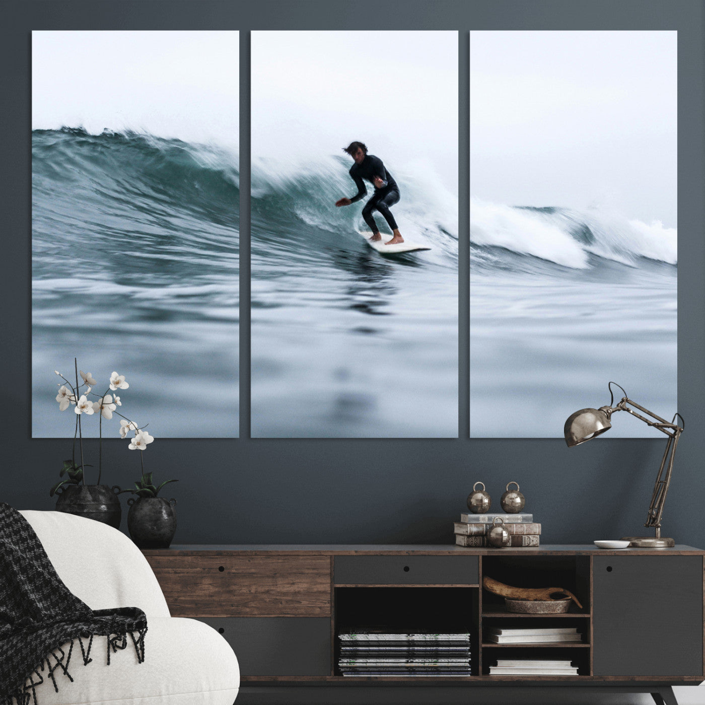 11693607-MGV-CV-48X32-3P-Surfer on Wave Wall Art Canvas Print, Framed Ocean Adventure Art Picture Print, Motion Blur Water Perfect Coastal Adventure Decor