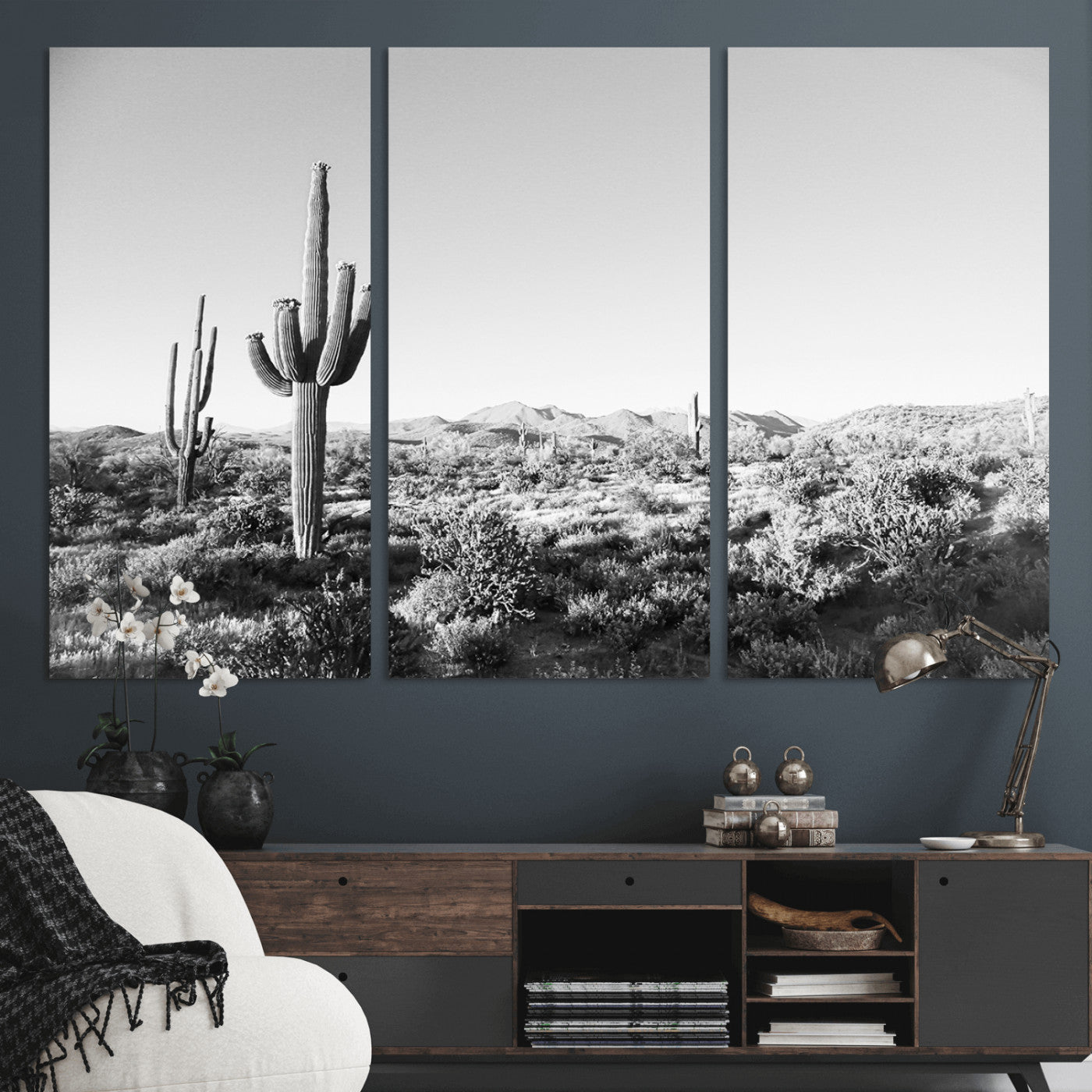 85205054-MGV-CV-48X32-3P-Saguaro Cactus Wall Art Canvas Print, Framed Monochrome Landscape Art Picture Print, Scenic Arizona View Perfect Minimalist