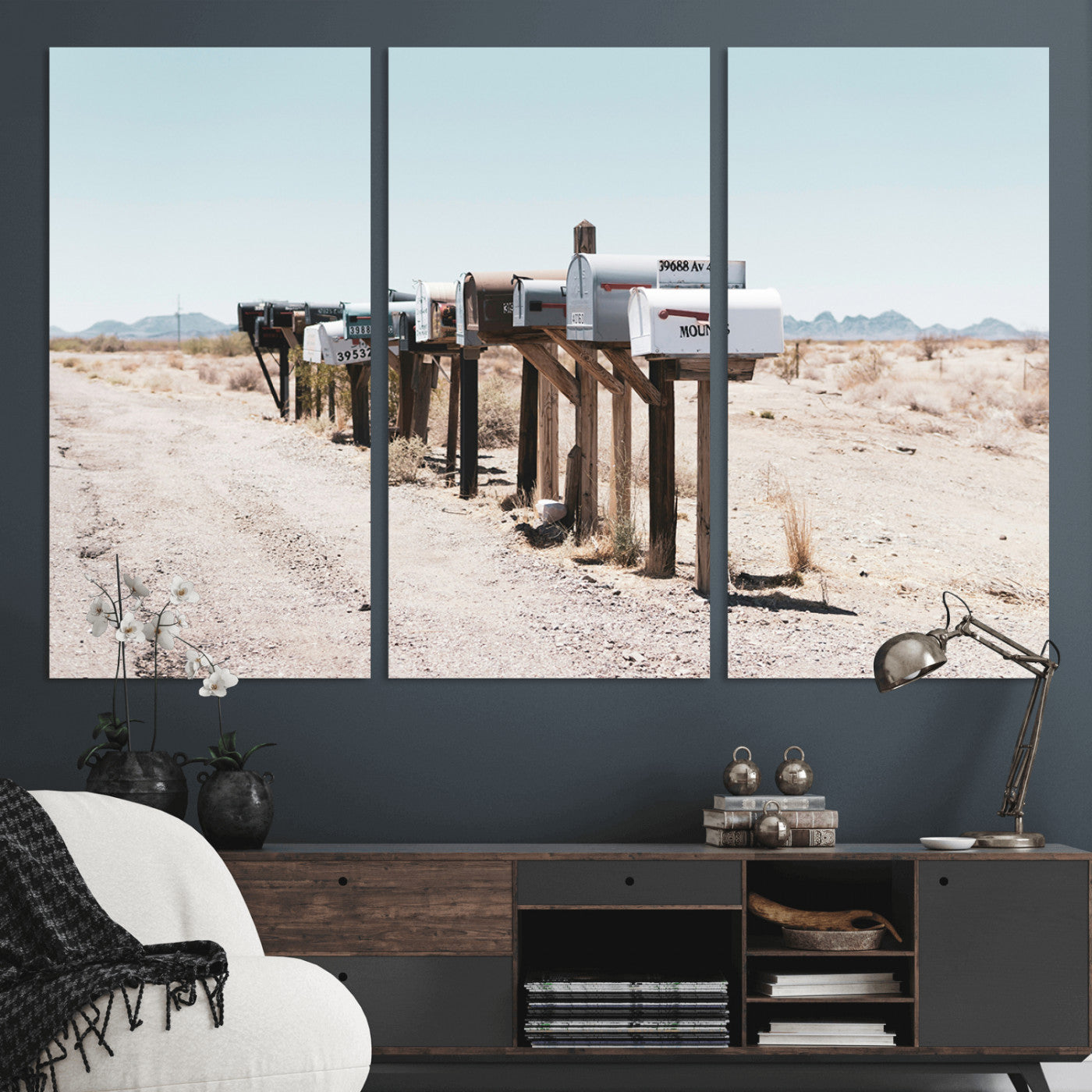 54616109-MGV-CV-36X24-Desert Mailboxes Wall Art – Rustic Rural Roadside Photography Canvas Print, American Southwest Landscape Home Decor for Living