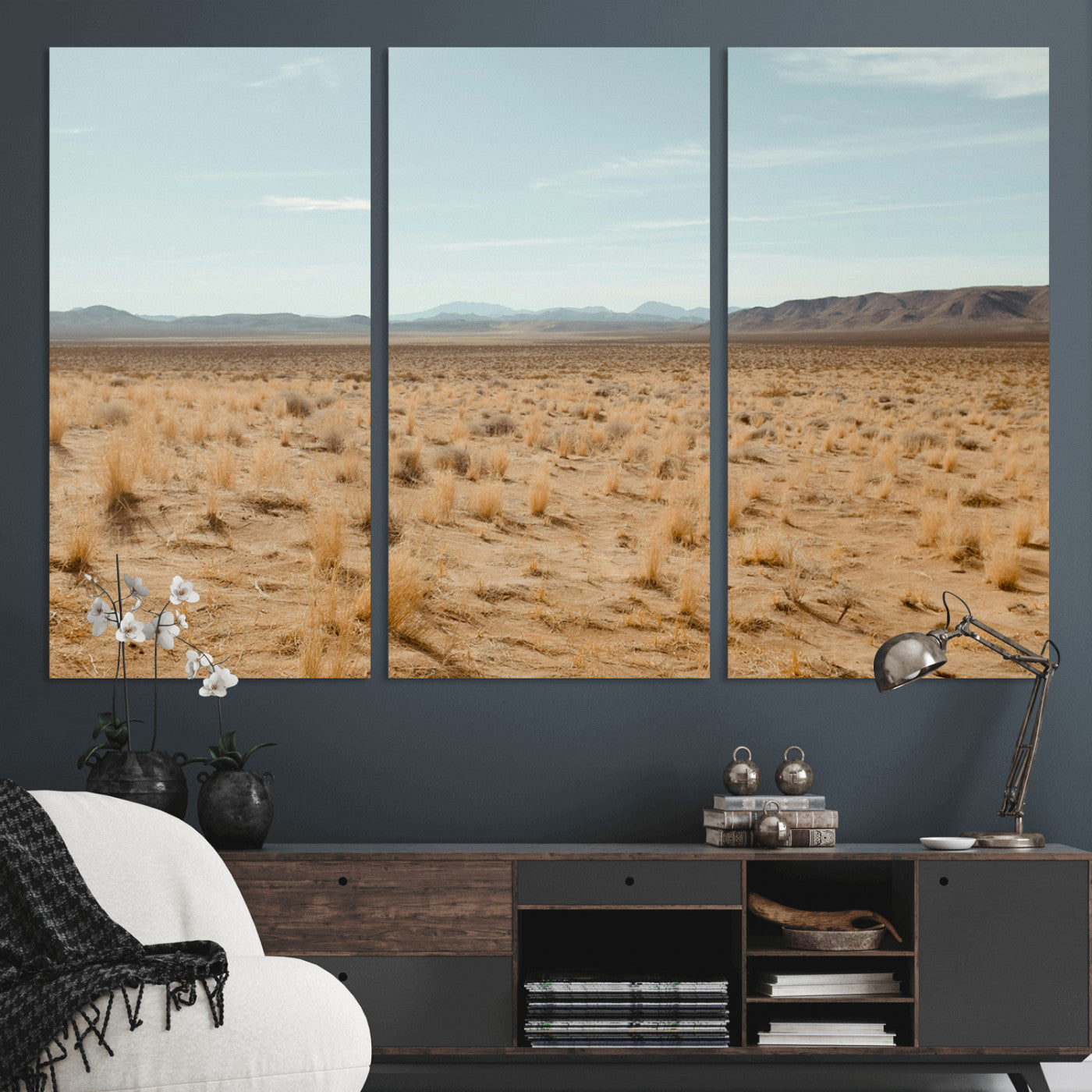 55918919-MGV-CV-36X24-Desert Landscape Wall Art – Golden Grass Plains and Mountain Horizon Canvas Print, Southwest Nature Photography Decor for Living