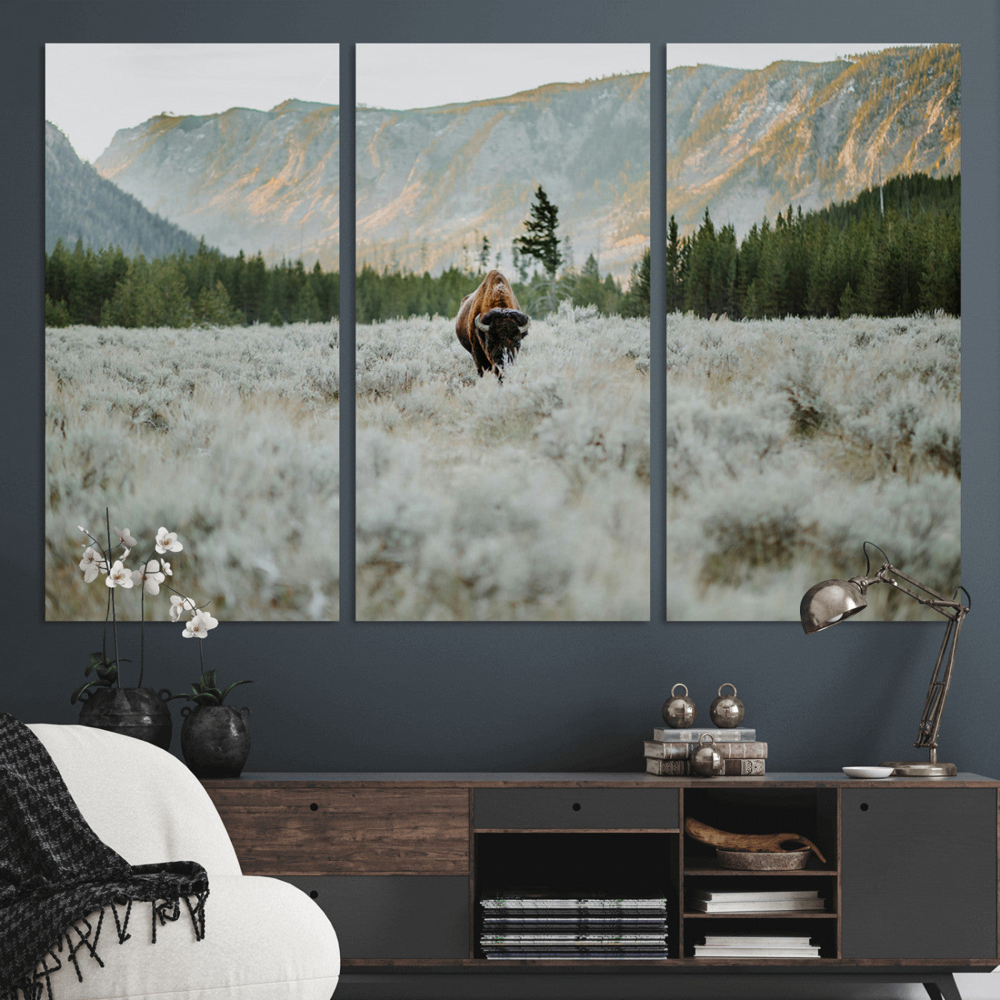 41674074-MGV-CV-36X24-Bison Wall Art – American Buffalo Wildlife Photography Canvas Print, Western Mountain Landscape Artwork Rustic Nature Decor for