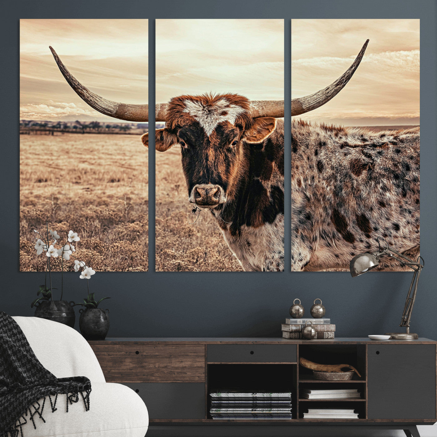 95745718-MGV-CV-36X24-Texas Longhorn Wall Art – Western Cattle Photography Canvas Print, Rustic Ranch Animal Artwork Country Farmhouse Decor for Living