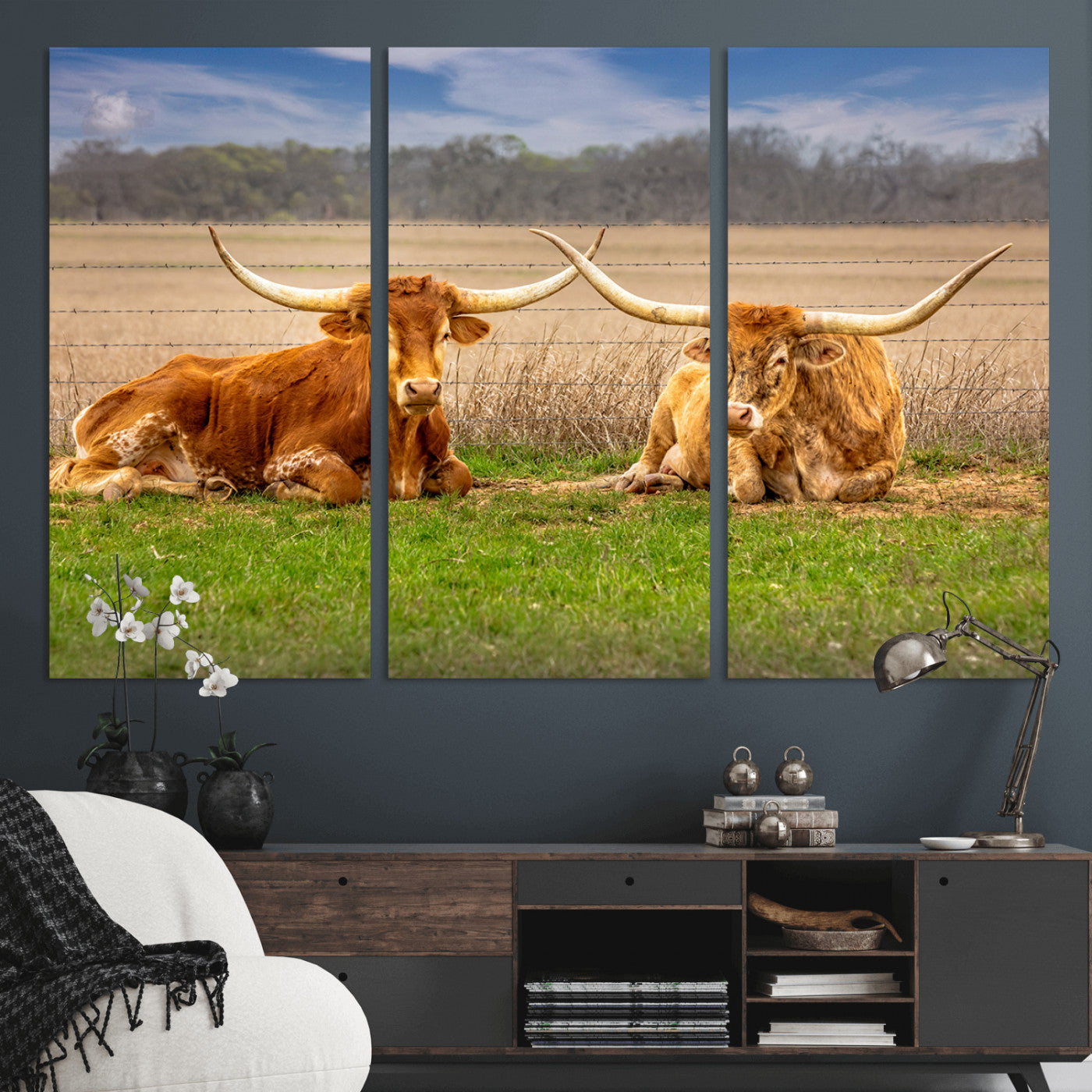54598515-MGV-CV-36X24-Texas Longhorns Wall Art – Rustic Cattle Ranch Canvas Print, Western Farmhouse Animal Photography Decor for Living Room, Office,