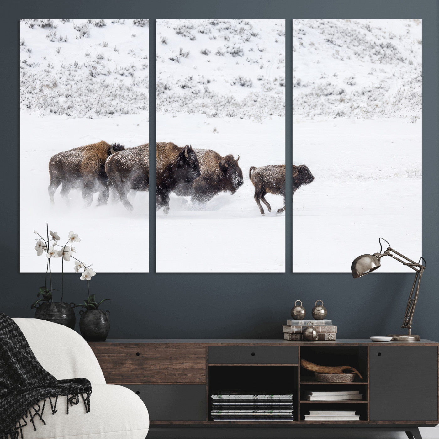 61161423-MGV-CV-36X24-Running Bison Herd Wall Art – Winter Buffalo Canvas Print, Wildlife Photography Decor for Rustic Living Room, Farmhouse, Lodge,