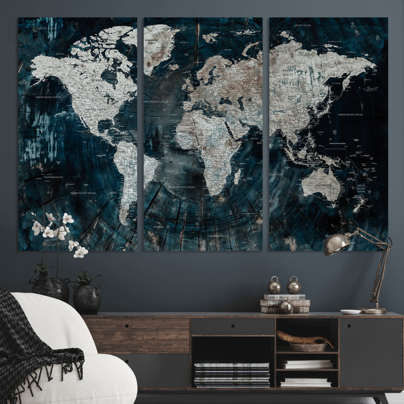 34425609-MGV-CV-36X24-World Map Wall Art – Rustic Navy and Grey Atlas Canvas Print, Distressed Explorer Map Artwork, Industrial Style Decor for Office,