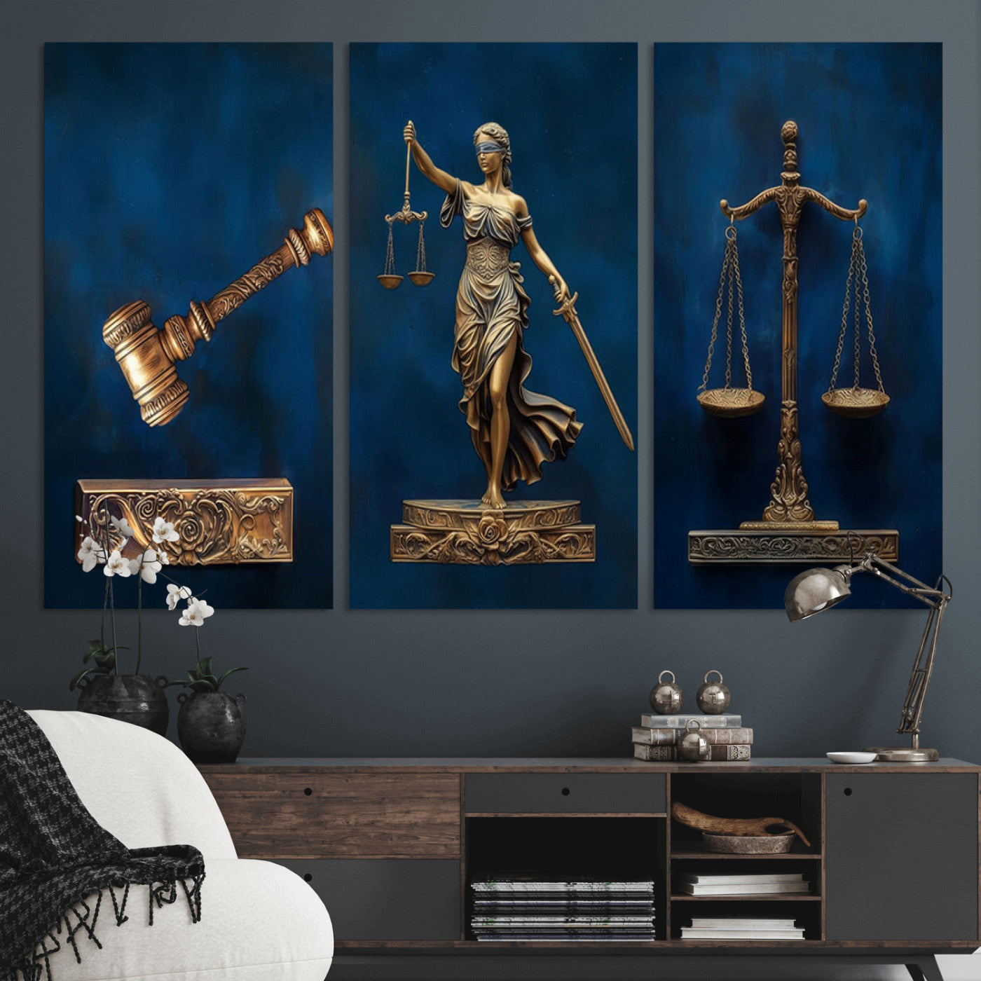 91629053-MGV-CV-36X24-Lady Justice Wall Art – Golden Gavel and Scales Canvas Print, Elegant Legal Office Decor for Lawyers, Judges, Courtroom or Study