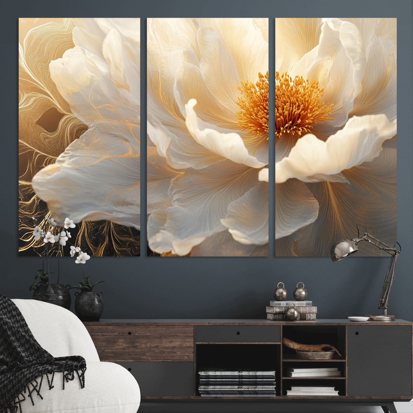 29539087-MGV-CV-36X24-Floral Wall Art – Elegant White and Gold Bloom Canvas Print, Romantic Modern Flower Artwork for Bedroom, Living Room, or Office