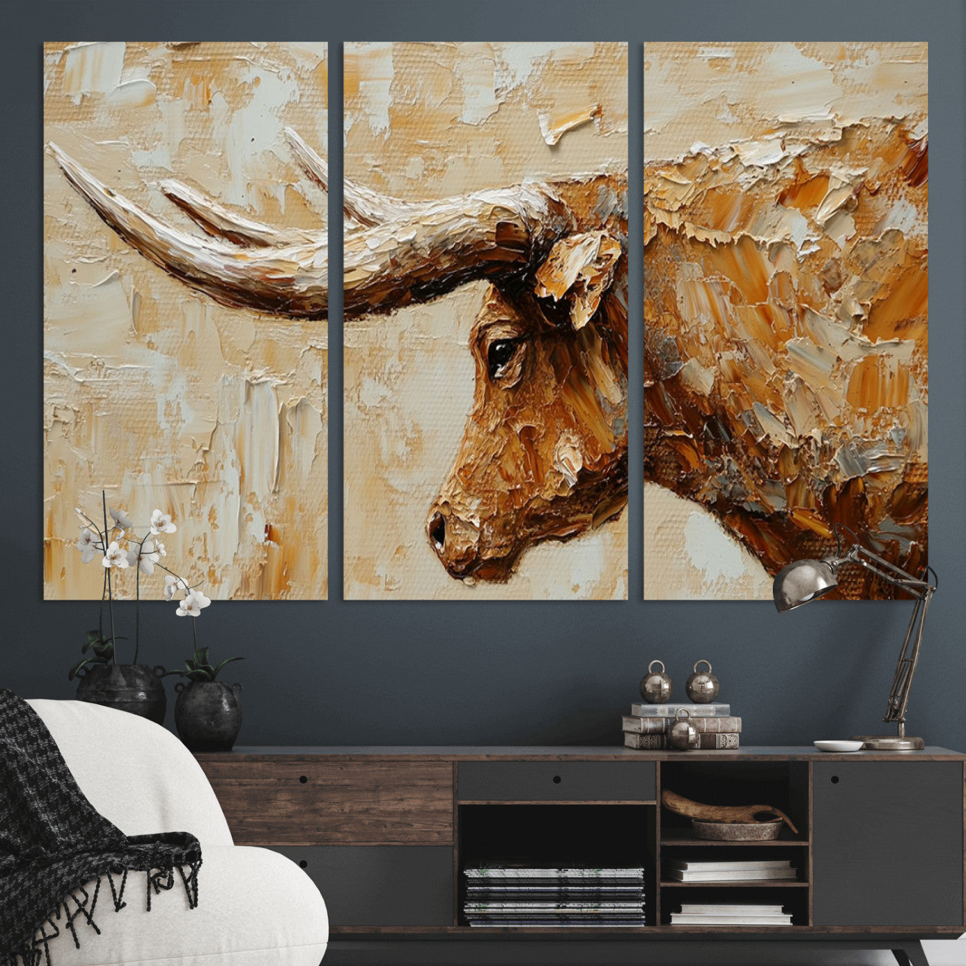 69611428-MGV-CV-36X24-Longhorn Bull Wall Art – Rustic Western Canvas Print, Textured Farmhouse Cattle Painting for Living Room, Office, or Ranch House