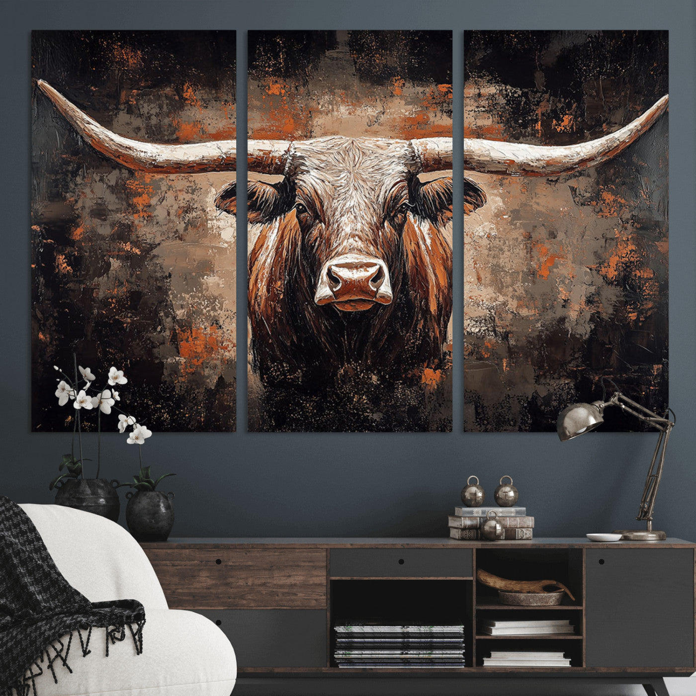 24779067-MGV-CV-36X24-Longhorn Bull Wall Art – Western Rustic Canvas Print, Bold Cowboy Cattle Painting for Ranch House, Farmhouse, Office, or Living