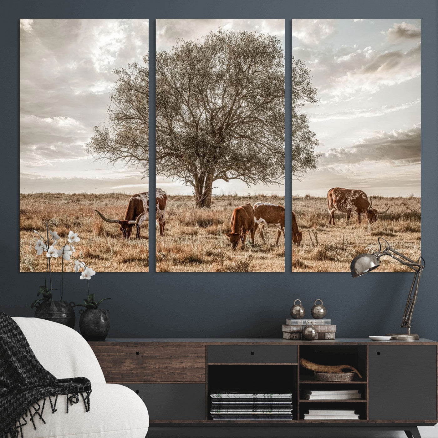 87590224-MGV-CV-36X24-Longhorn Cattle Wall Art – Rustic Western Landscape Canvas Print, Texas Farmhouse Prairie Scene for Living Room, Office, or Ranch