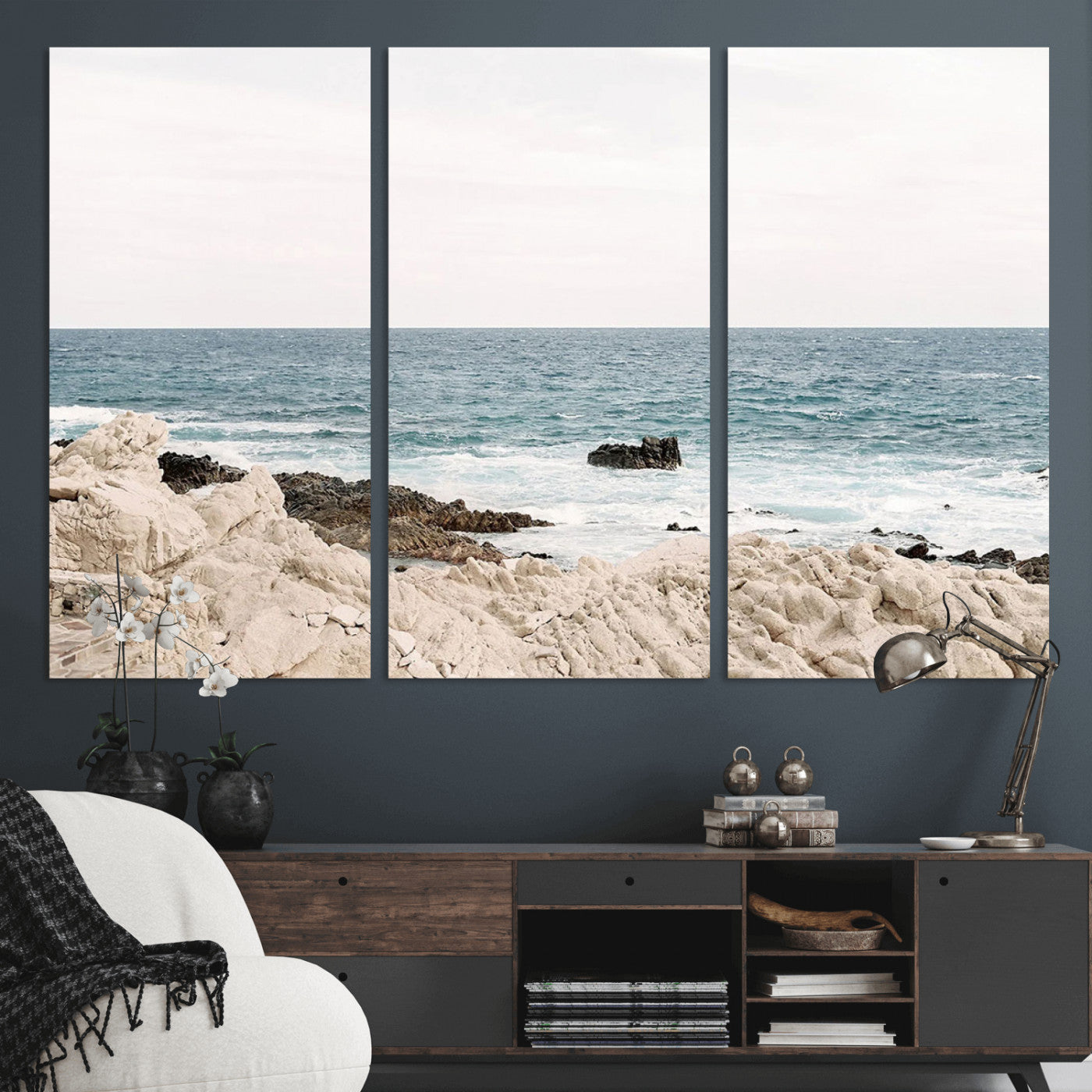 25481980-MGV-CV-36X24-Ocean Coastal Wall Art – Rocky Shoreline and Waves Canvas Print, Serene Beach Landscape Decor for Living Room, Bedroom, or Office