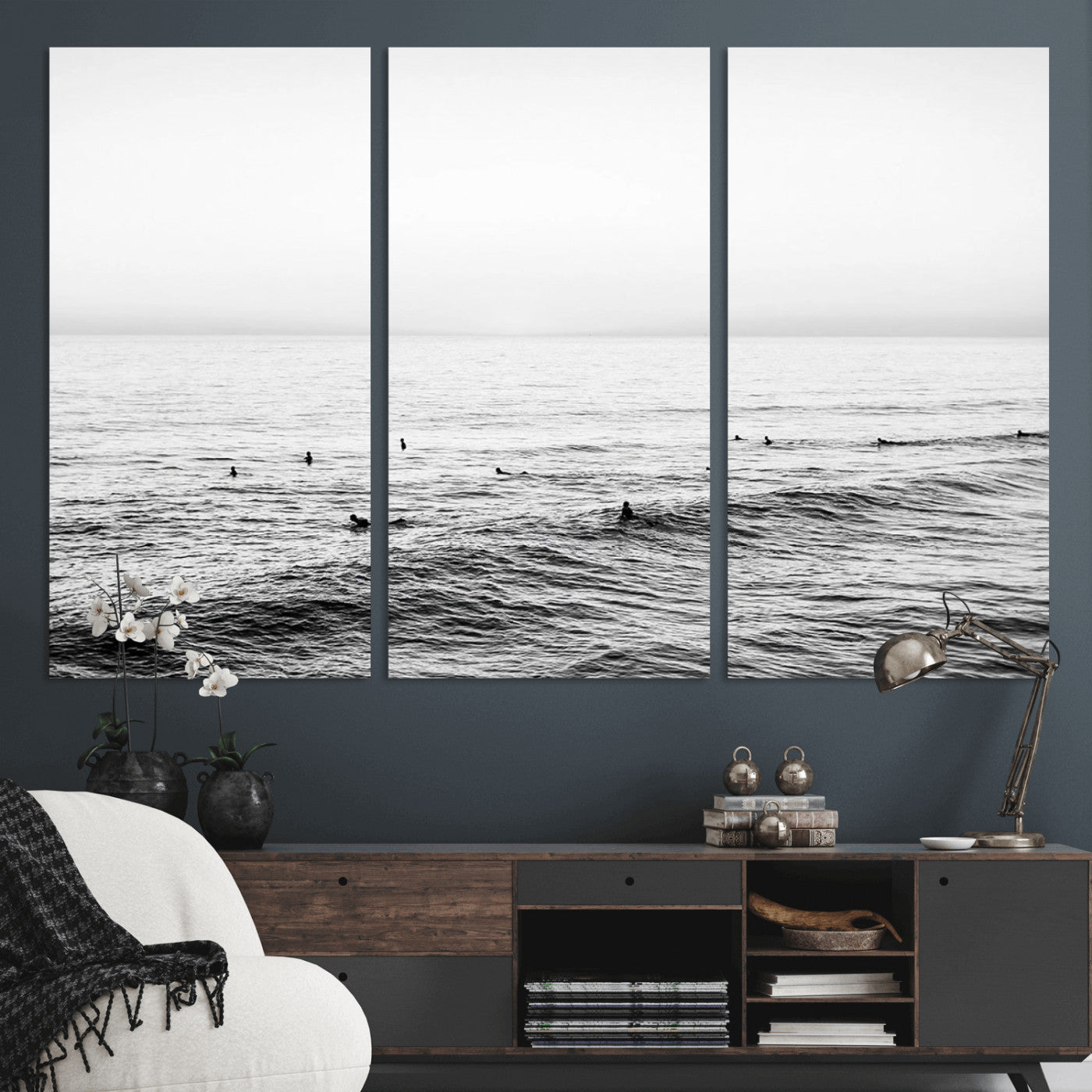 47208268-MGV-CV-36X24-Surfer Ocean Wall Art – Black and White Coastal Canvas Print, Minimalist Surfing Seascape Decor for Living Room, Bedroom, or Beach