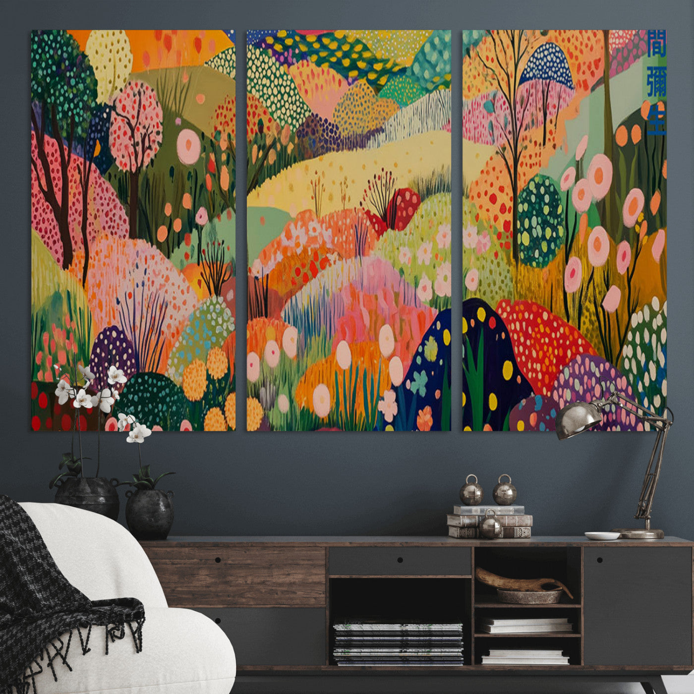 79636380-MGV-CV-36X24-Colorful Abstract Landscape Wall Art – Vibrant Hills and Flowers Canvas Print, Modern Whimsical Artwork for Living Room, Bedroom,