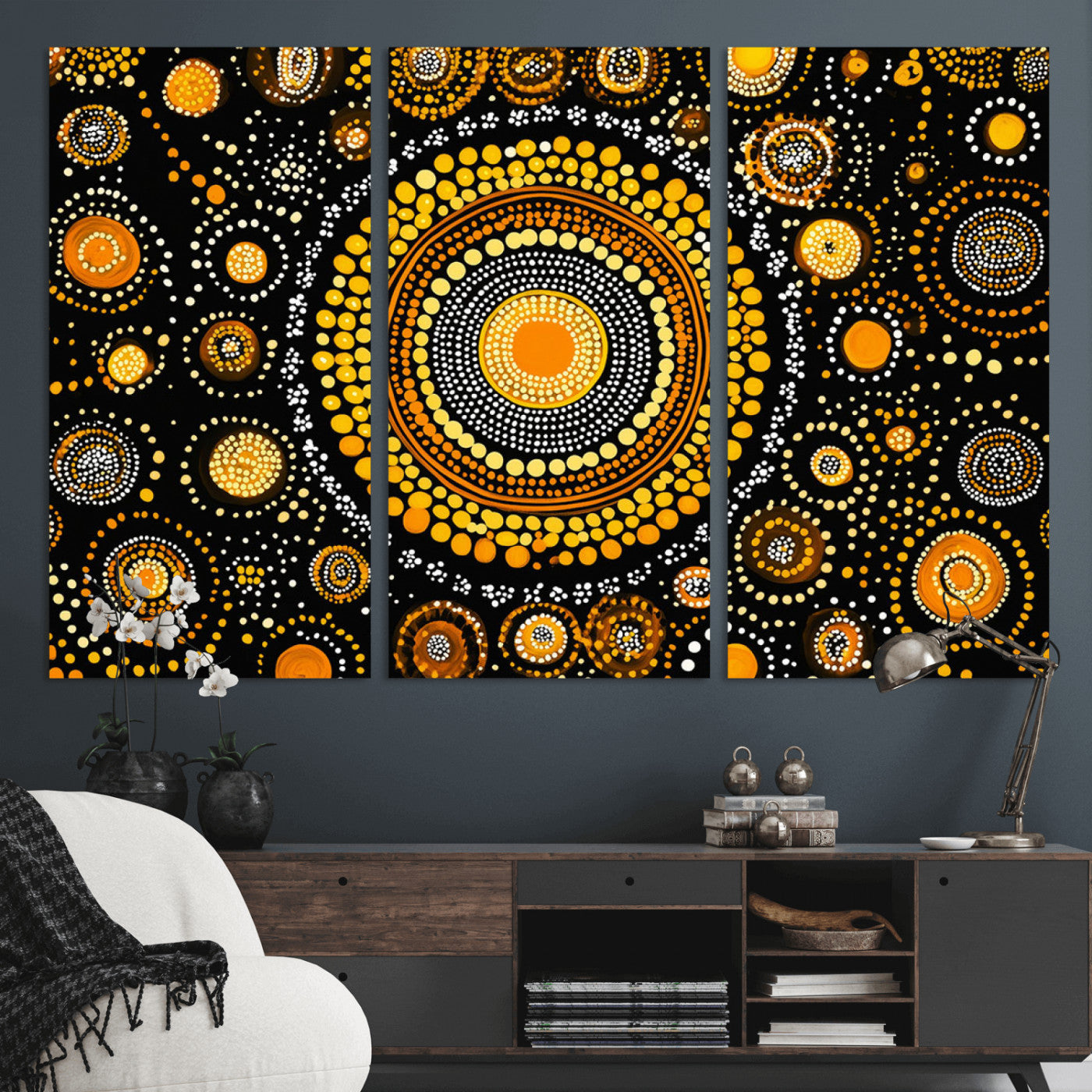 45478523-MGV-CV-36X24-Abstract Circle Wall Art – Bold Black and Gold Dot Painting Canvas Print, Modern Geometric Mandala Style Decor for Living Room or