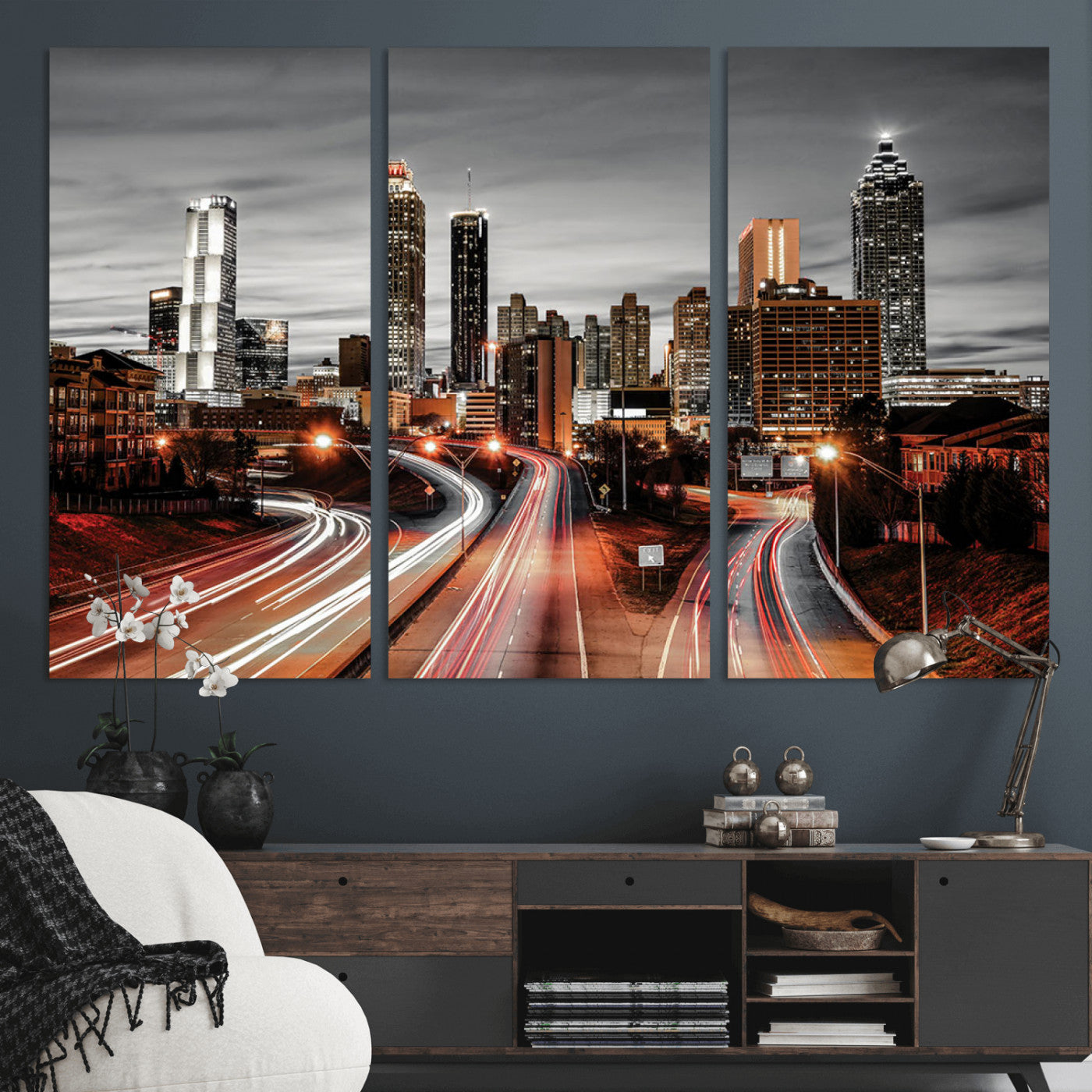 59097239-MGV-CV-36X24-City Skyline Wall Art – Modern Black and White Night Canvas Print with Red Light Trails, Urban Landscape Decor for Living Room or