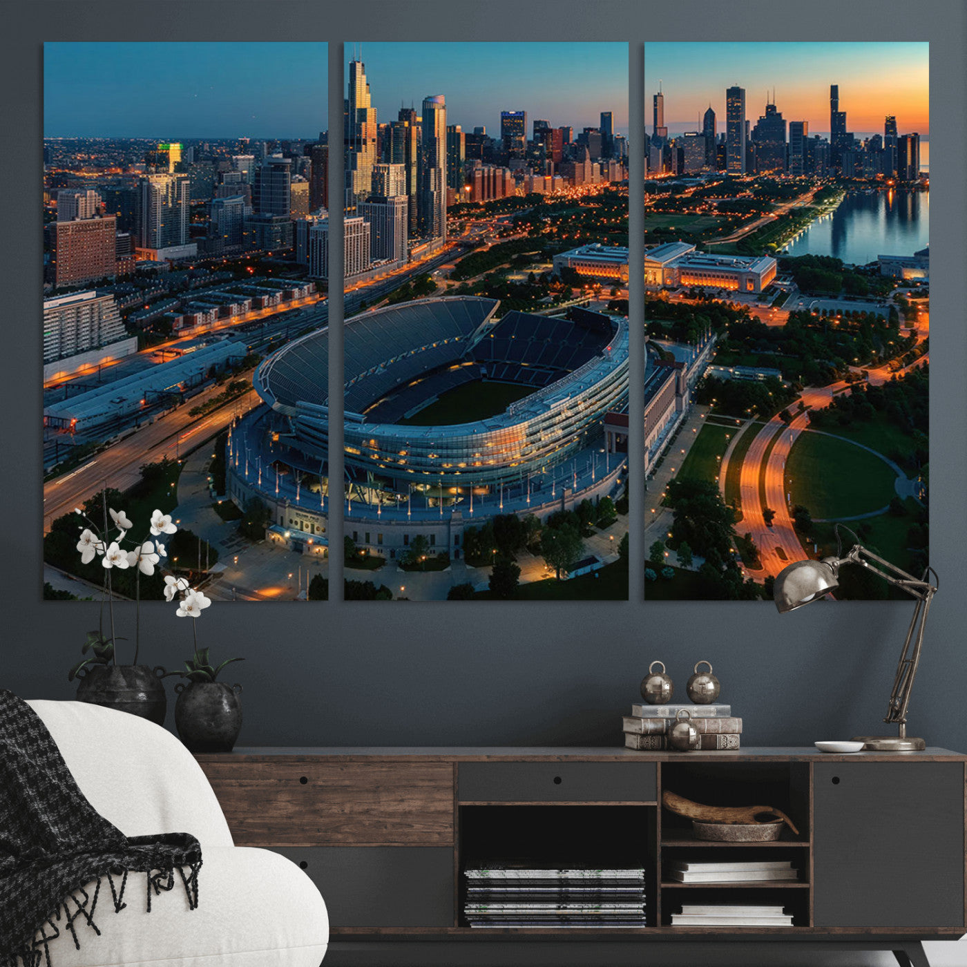 36690345-MGV-CV-36X24-Soldier Field Wall Art – Chicago Bears Stadium Aerial Night Canvas Print, City Skyline Football Decor for Living Room, Office, or