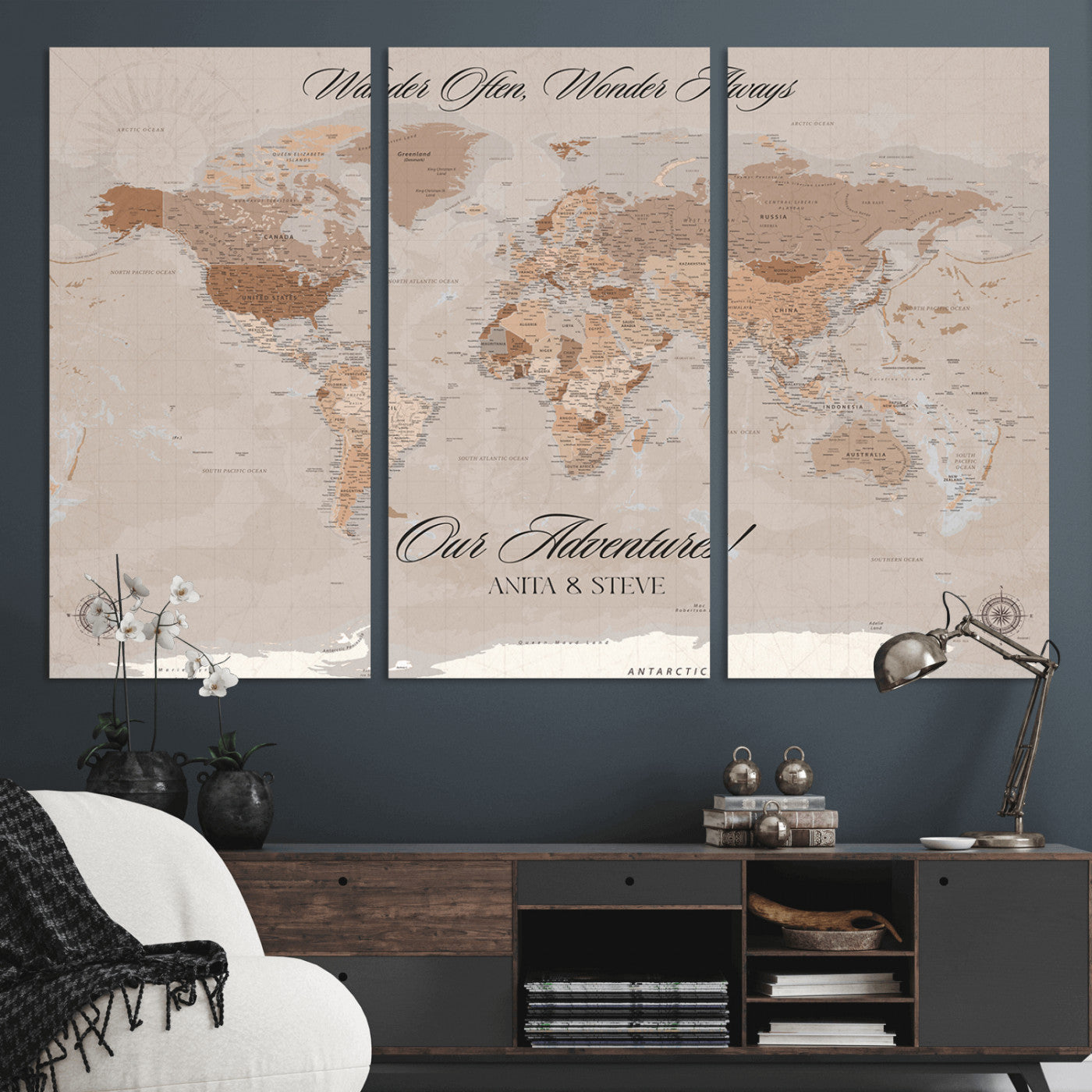95243244-MGV-CV-36X24-Wander Often Wonder Always World Map Wall Art – Neutral Beige Adventure Canvas Print, Rustic Boho Travel Decor for Bedroom, Living