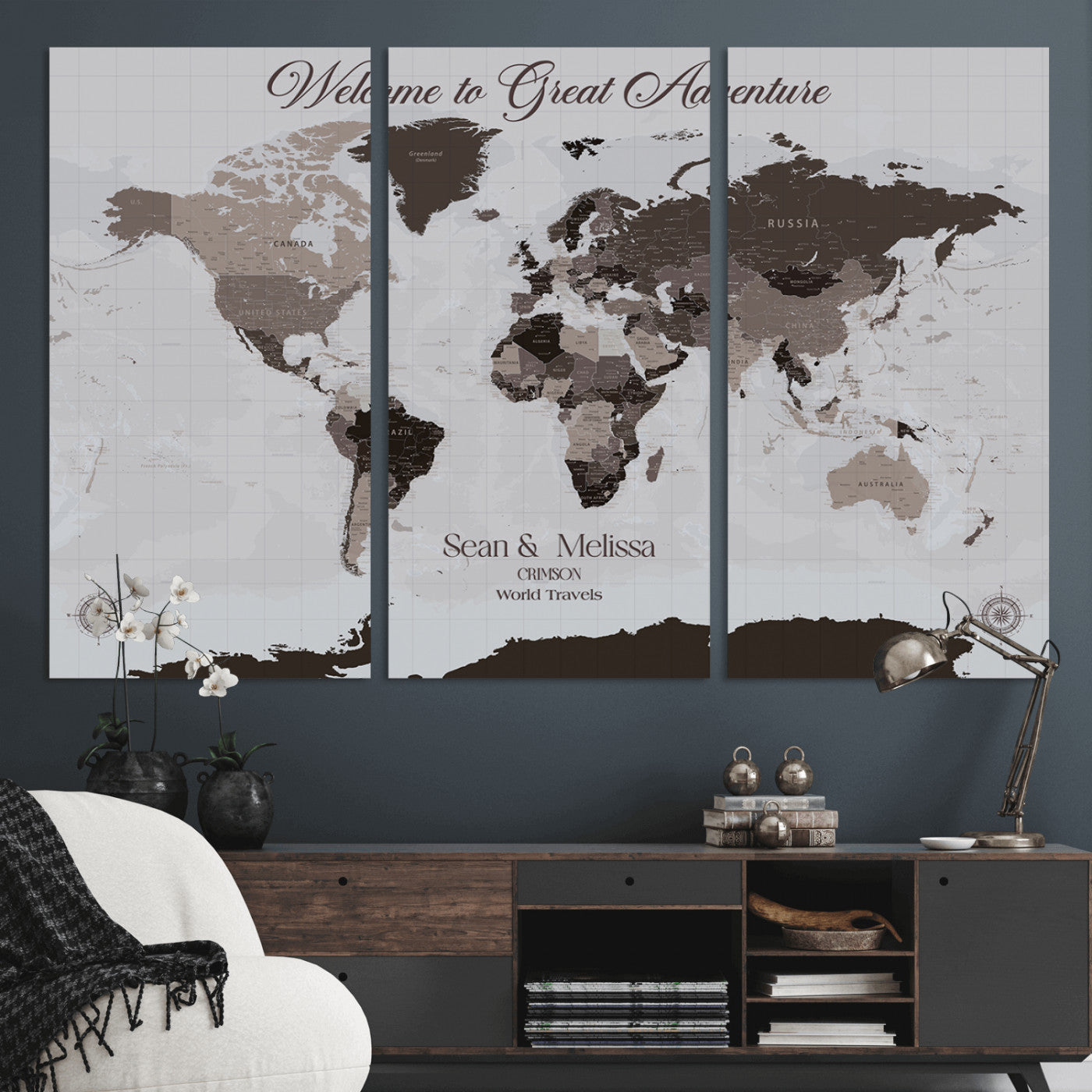 43749658-MGV-CV-36X24-Welcome to Great Adventure World Map Wall Art – Charcoal Gray Canvas Print, Rustic Travel Decor for Living Room, Study, Office or