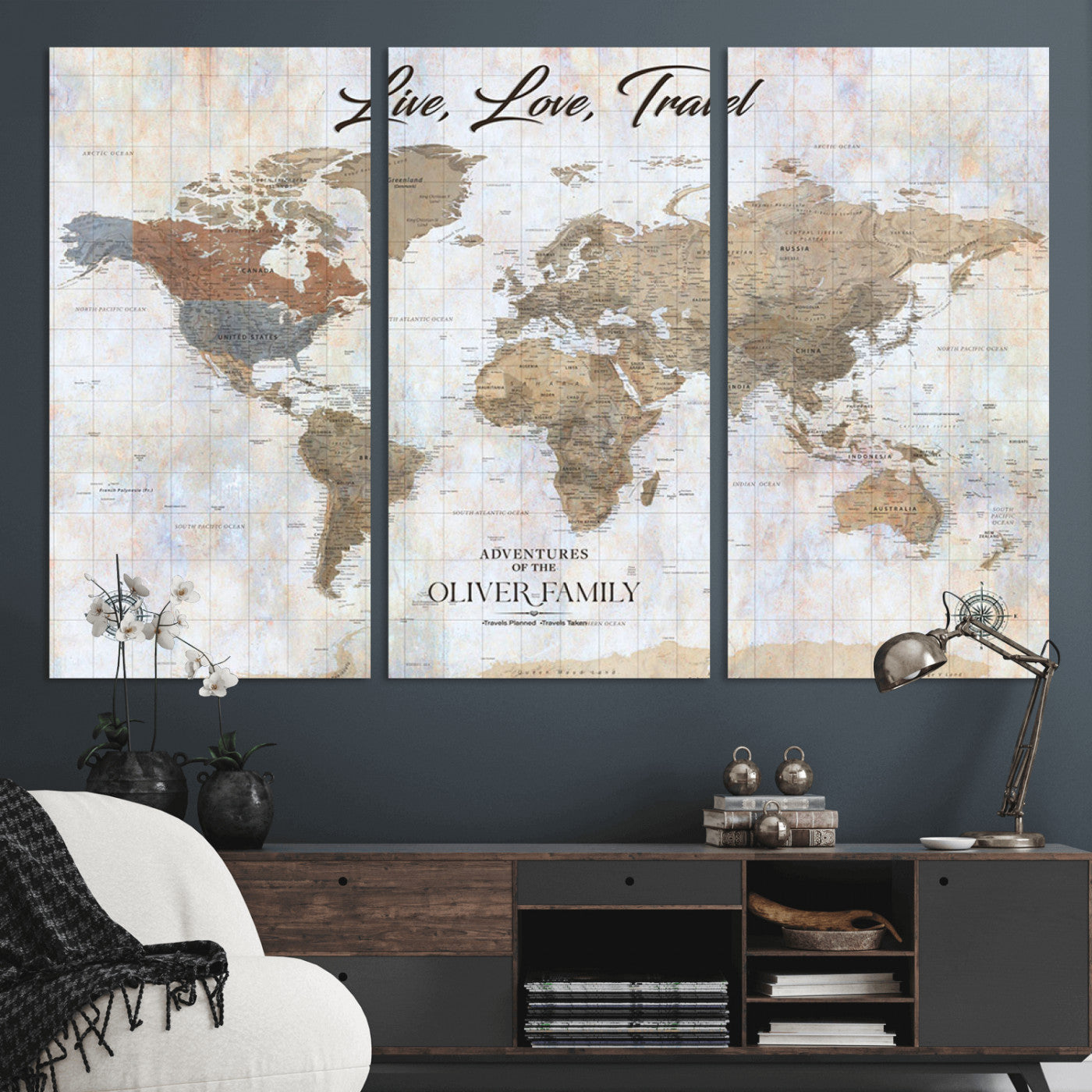 43924907-MGV-CV-36X24-Live Love Travel Wall Art – Neutral World Map Canvas Print, Rustic Adventure Decor for Home, Office or Living Room, Unique Gift