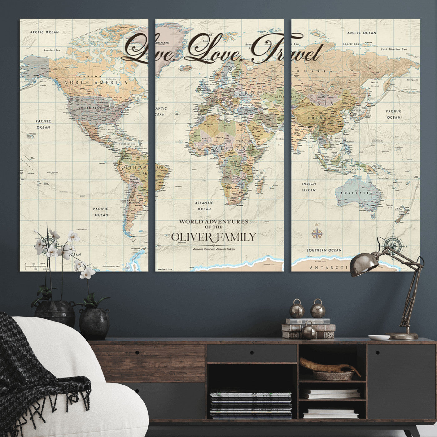 19479008-MGV-CV-36X24-Live Love Travel Wall Art – Detailed World Map Canvas Print, Adventure Decor for Living Room, Office or Bedroom, Travel Gift for