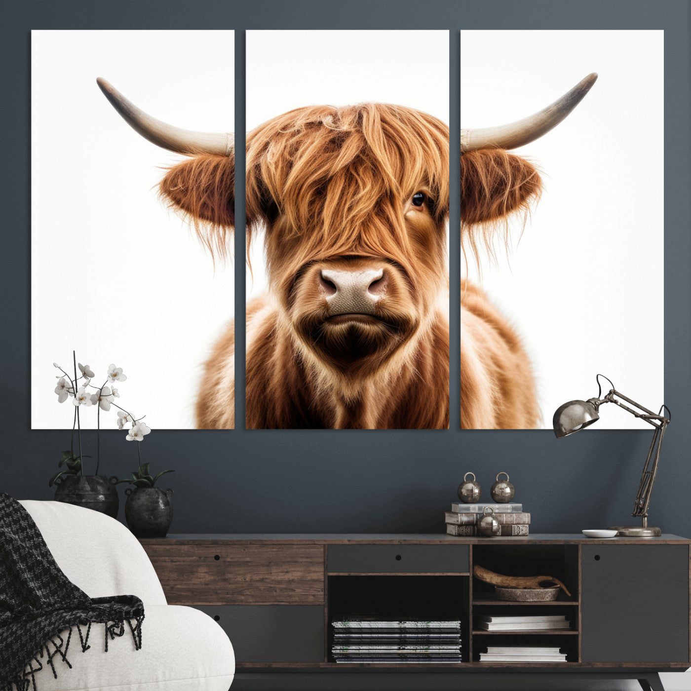 637908607-MGV-FC-93X47-3P_Black-Highland Cow Wall Art Print – Rustic Farmhouse Animal Portrait, Scottish Highland Cattle Canvas, Modern Country Wall Decor for