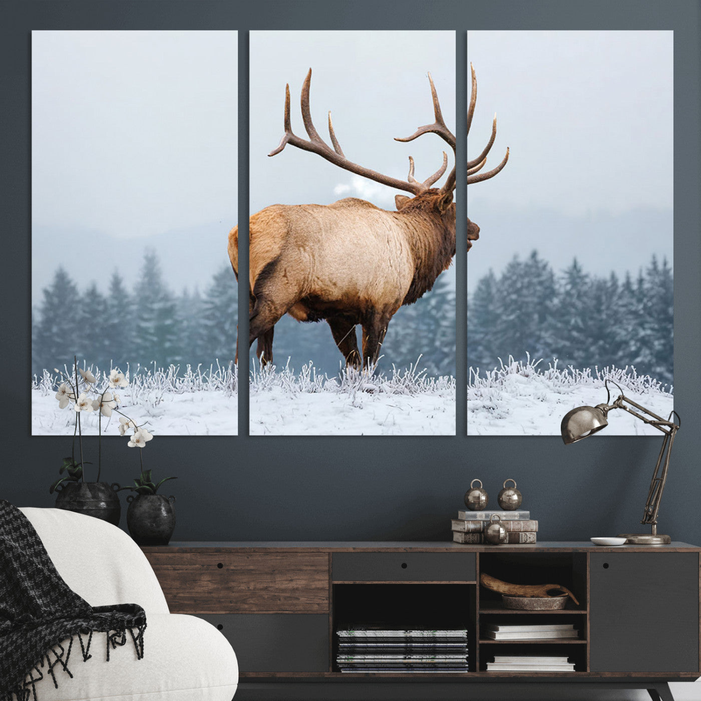 85177251-MGV-CV-36X24-Elk Wall Art – Majestic Wildlife Canvas Print of Bull Elk Snowy Forest, Rustic Nature Decor for Living Room, Cabin, or Office