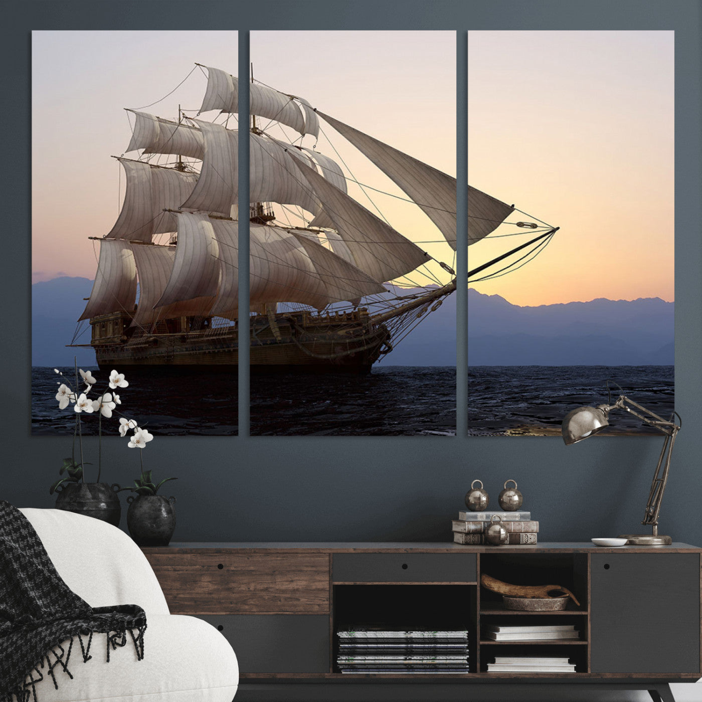 31270610-MGV-CV-36X24-Sailing Ship Wall Art – Sunset Seascape Canvas Print with Tall Ship at Sea, Nautical Ocean Decor for Living Room, Office, or