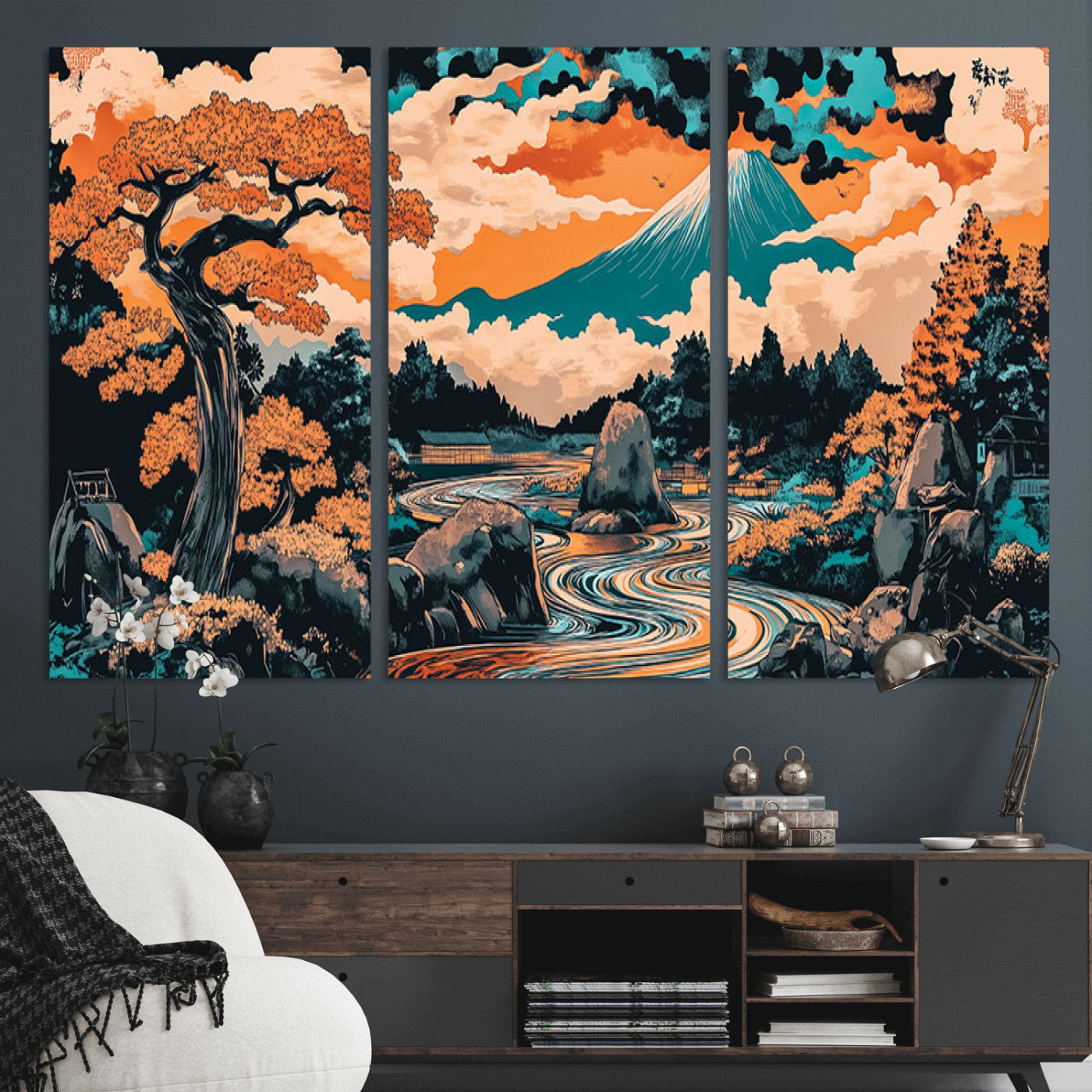 21638941-MGV-CV-36X24-Japanese Landscape Wall Art – Mount Fuji and Flowing River Ukiyo-e Style Canvas Print, Traditional Japan Inspired Artwork for