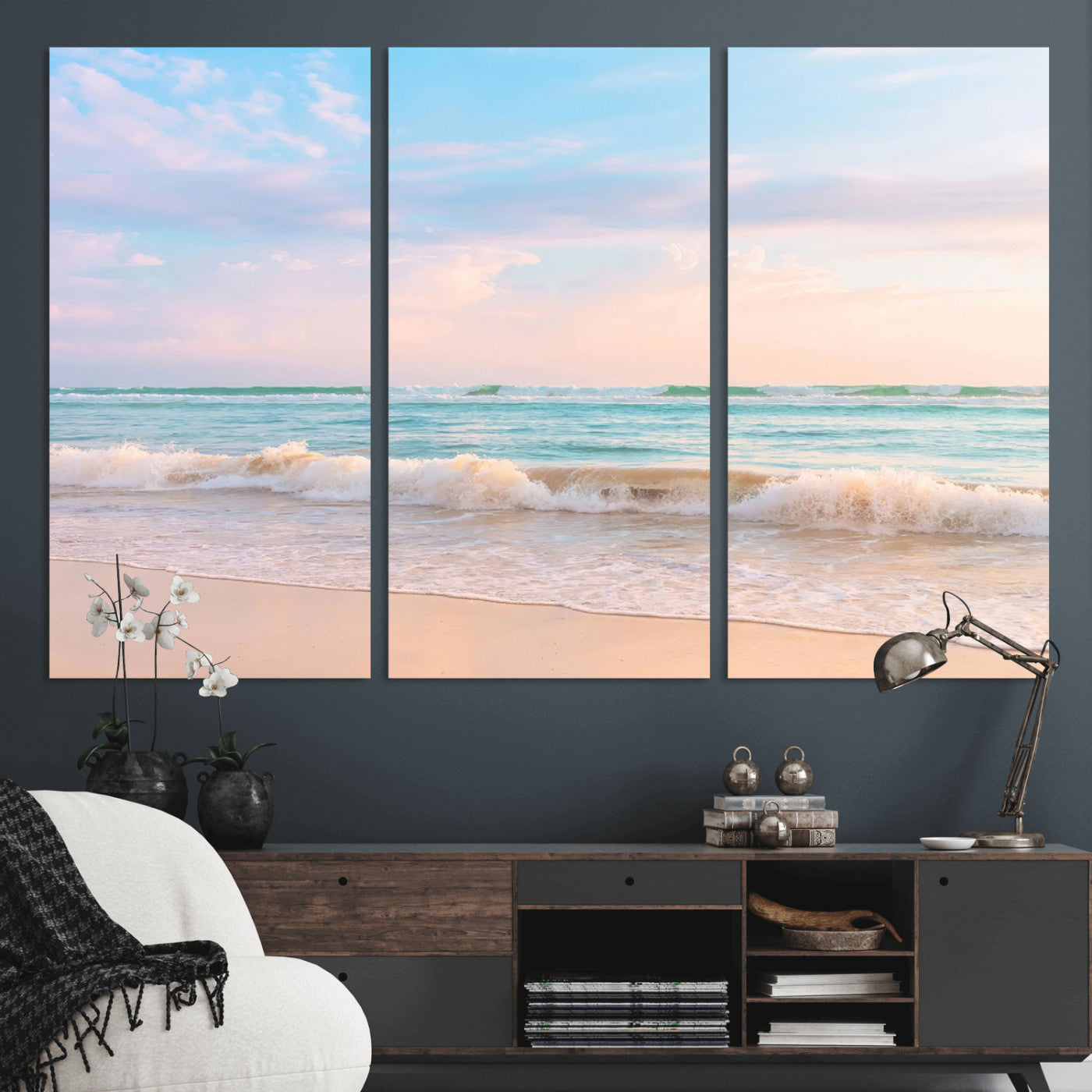 88024944-MGV-CV-36X24-Serene Ocean Waves Canvas Wall Art – Pastel Sky, Soft Sand Beach, Tranquil Seascape, Calm Water Coastal Nature, Relaxing Peaceful