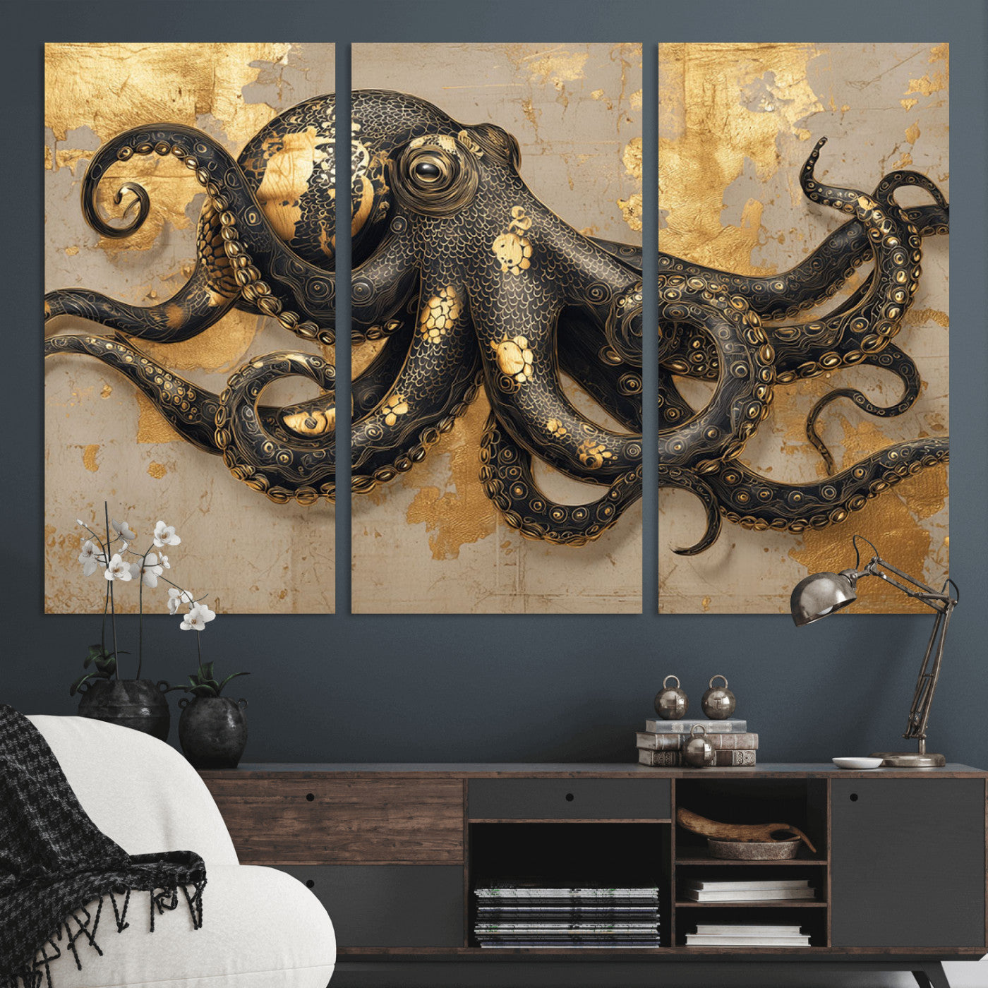 57944271-MGV-CV-36X24-Octopus Wall Art – Black and Gold Nautical Canvas Print, Modern Ocean Inspired Artwork with Elegant Detailing, Coastal Marine