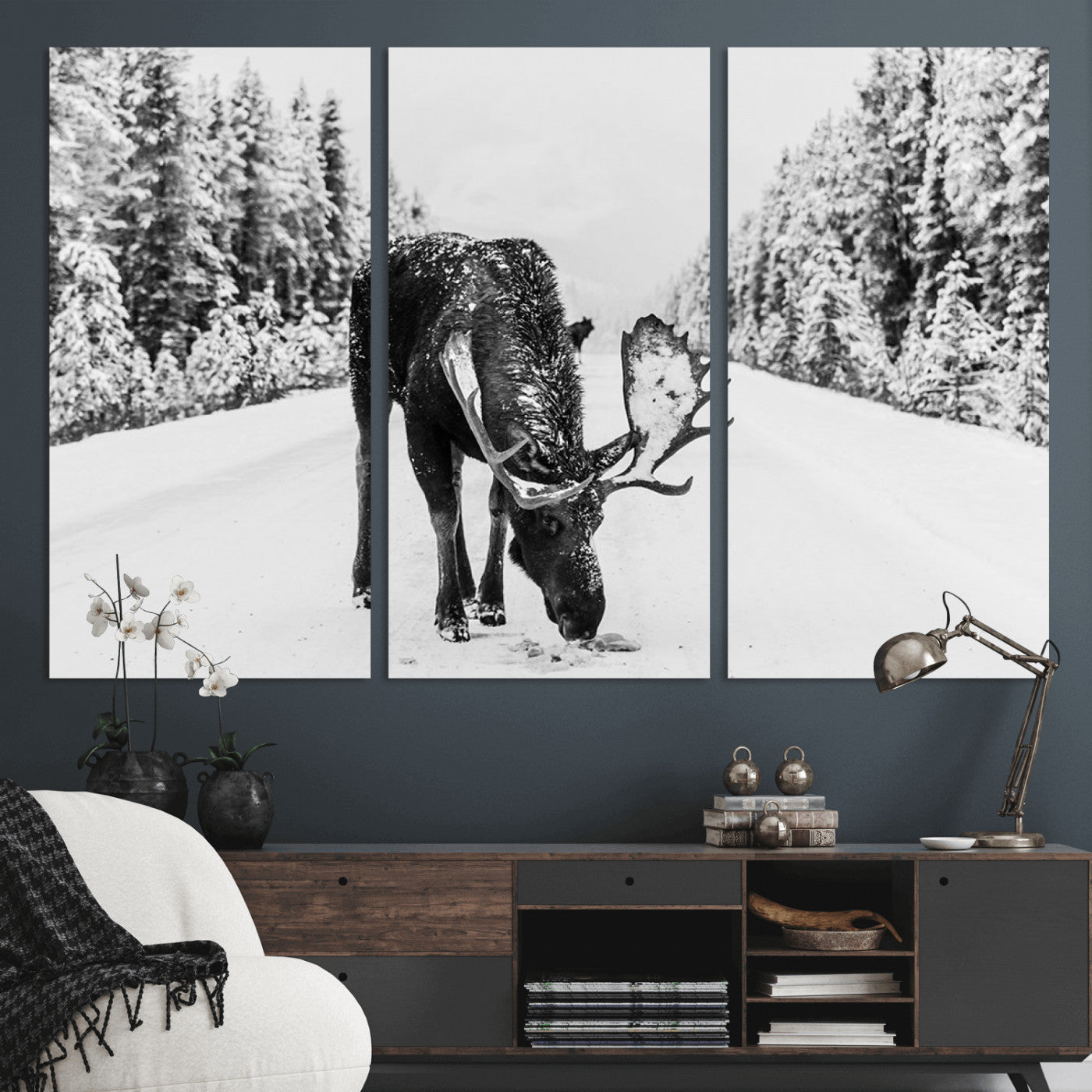 38956835-MGV-CV-36X24-Moose Wall Art – Black and White Wildlife Canvas Print with Snowy Forest Road, Rustic Nature Photography for Cabin, Lodge, Living