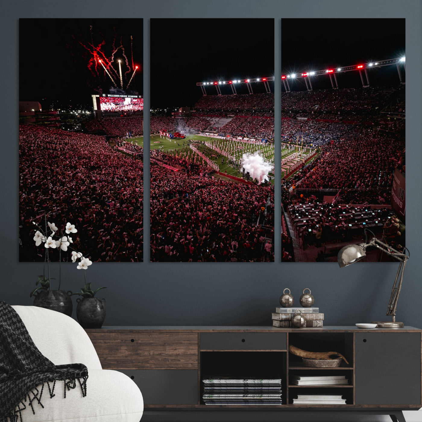 60690191-MGV-CV-36X24-Stadium Wall Art – Night Game Football Canvas Print with Fireworks, Marching Band and Crowd, Panoramic Sports Photography for Man