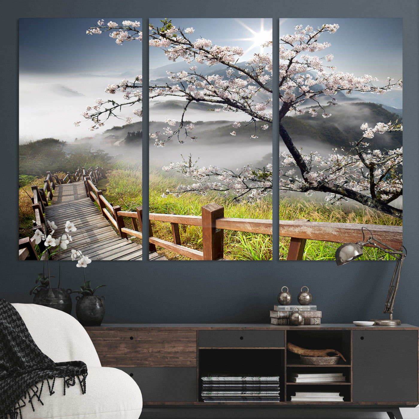 34632598CRY-MGV-CV-36X24-Cherry Blossom Wall Art – Scenic Asian Landscape Canvas Print with Wooden Walkway, Misty Mountains and Sunrise, Serene Nature