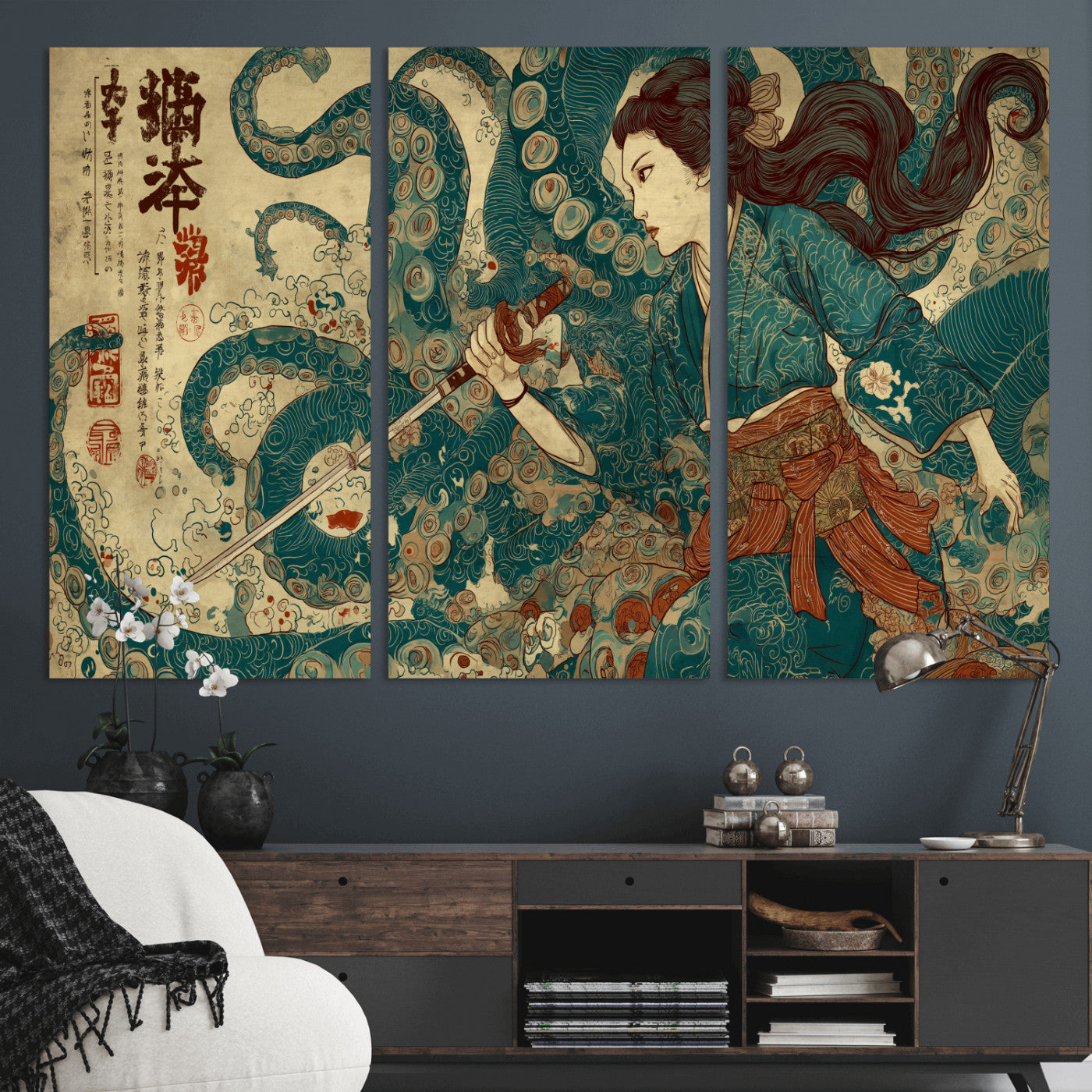 46837670-MGV-CV-36X24-Tsukioka Yoshitoshi Samurai Wall Art Print, Japanese Katana Warrior Canvas Wall Art, Octopus Sea Monster Canvas Print,