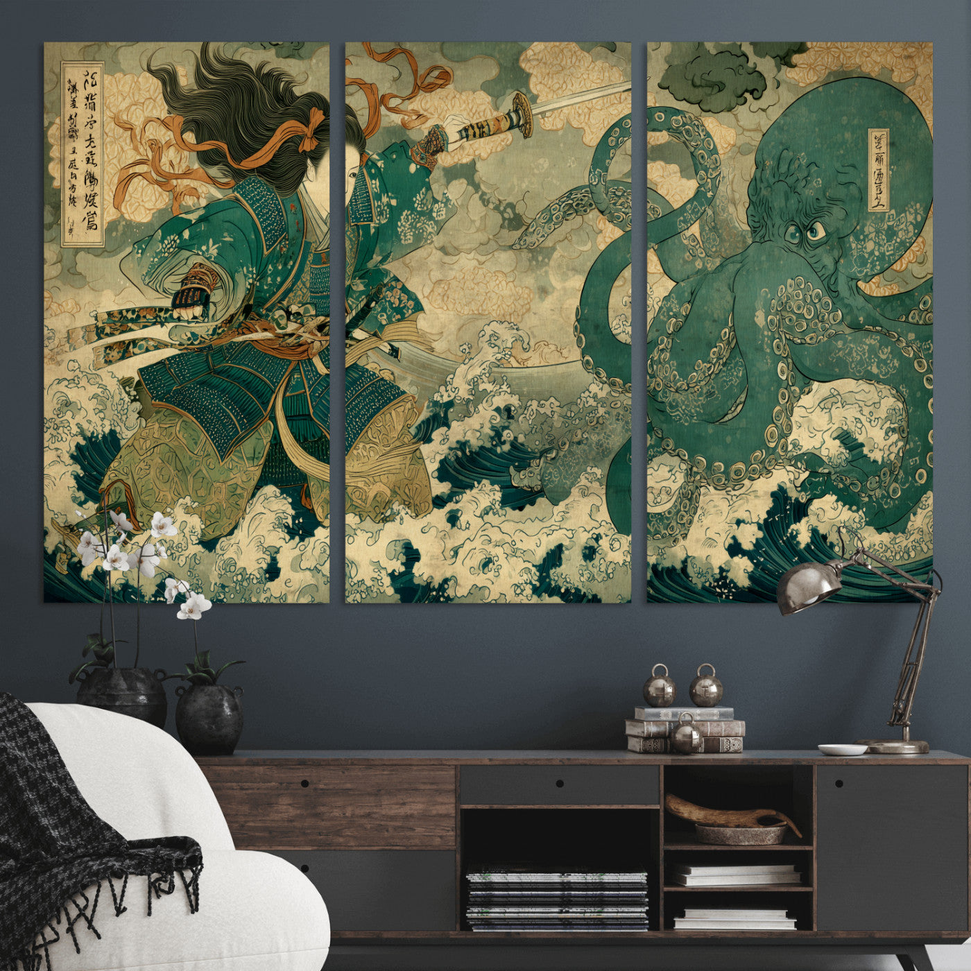 24416422-MGV-CV-48X32-3P-Samurai vs Octopus Wall Art – Japanese Warrior Ocean Battle Canvas Print, Ukiyo e Inspired Decor for Home, Office, or Man Cave