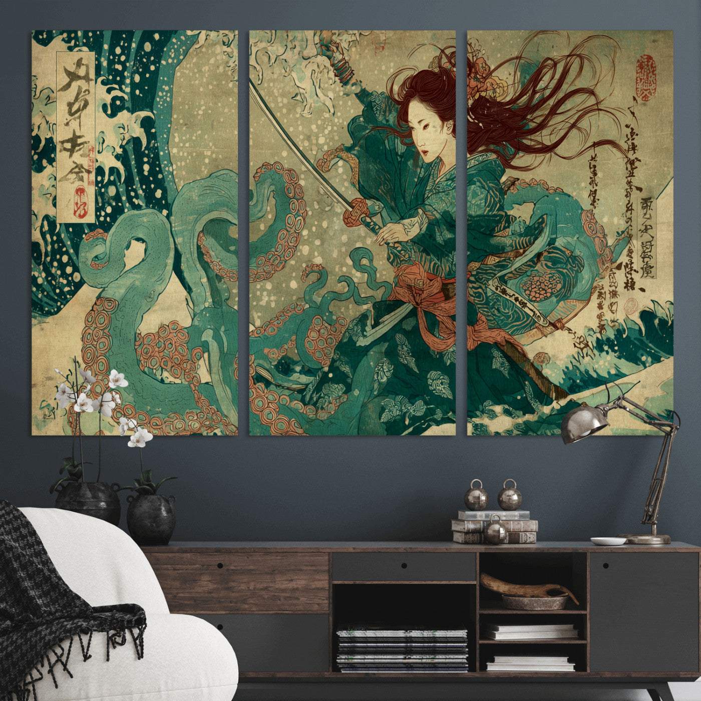 86918027-MGV-CV-36X24-Tsukioka Yoshitoshi Samurai Wall Art Print, Japanese Katana Warrior Canvas Wall Art, Octopus Sea Monster Canvas Print,