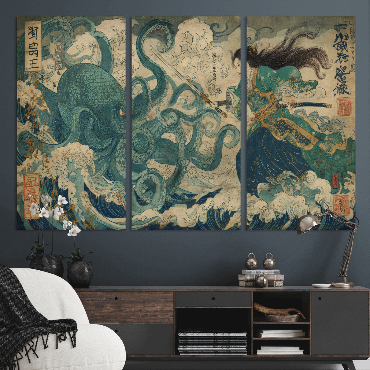60346622-MGV-CV-36X24-Samurai Warrior vs Octopus Wall Art – Japanese Ukiyo-e Style Ocean Battle Canvas Print, Traditional Samurai Artwork for Living