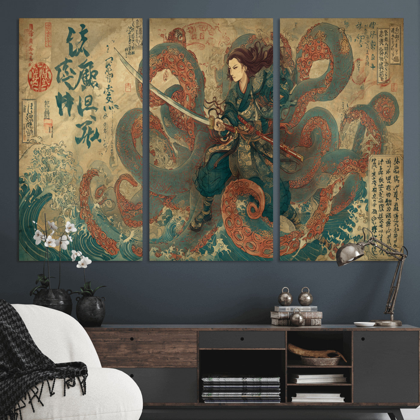 98593115-MGV-CV-36X24-Tsukioka Yoshitoshi Samurai Wall Art Print, Japanese Katana Warrior Canvas Wall Art, Octopus Sea Monster Canvas Print,